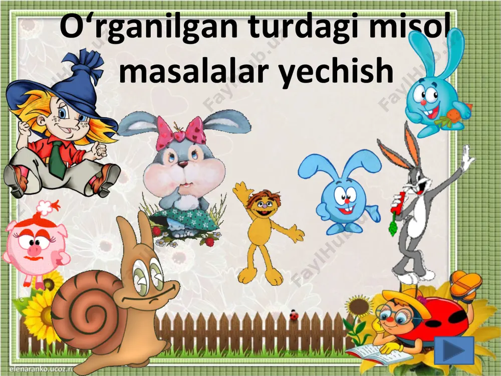 un tel : 9 78450909 telegram @secret_0909 o’tgan mavzuni takrorlash murojaat uchun tel : 9 78450909 telegram @secret_0909 tezkor savollar: 1. 2 bilan 7 ning ko’paytmasi?14 bu…… 2. 3 bilan 3 ning ko’paytmasi? 9 bu….. 3. 20 bilan 4 ning bo’linmasi? 5 bu…. 4. maqolni davom ettir. yetti o’lchab ………….. . 5. ko’paytuvchi, ko’paytuvchi …………… davom ettir? 6, 18 bilan 9 ni bo`linmasi ? 2 bu ….. murojaat uchun tel : 9 78450909 telegram @secret_0909 mavzu: o‘rganilgan turdagi misol, masalalar yechish ta’limiy maqsad: o’quvchilarga masala yechishni o’rgatish; tarbiyaviy maqsad: o’quvchilarni ona vatanga muhabbat ruhida tarbiyalash rivojlantiruvchi maqsad: o’quvchilarni erkin fikrlarini rivojlantirish t.k.3. o‘rganilgan mavzu doirasida o‘qituvchi bilan birgalikda o‘quv masalasini qismlarga ajrata olish; o‘qituvchi bilan birgalikda masala yechimiga yaqinlashish darajasini baholay olish va zarur hollarda o‘z faoliyatini to‘g‘irlay olish; rivojlantiruvchi: o’quvchilarda matematik nutq, xotira, tafakkurni, yozuv ko’nikmalarini rivojlantirish. o’quvchilarning faolligini oshirish, olingan bilimlarini hayot bilan bog’lash f.k.3: sodda real hodisalarni …
