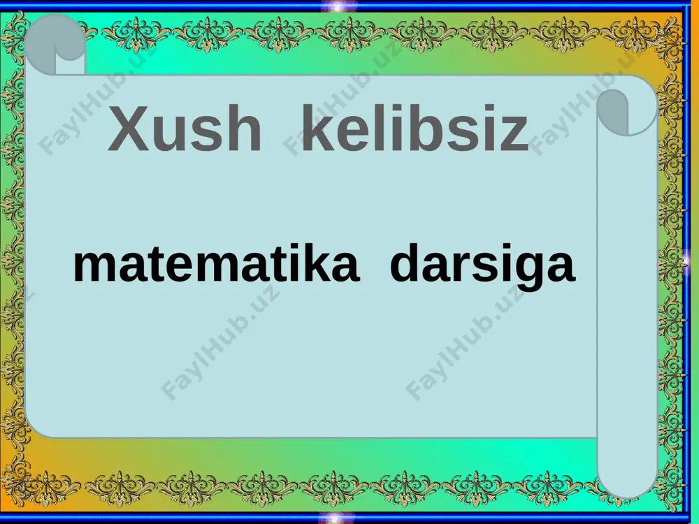 ala bo’yi-85m, eni-64m s=?m.kv egallagan uy - 160m. kv qolgan yer - ? m.kv bog’ -? yarmi yechish:1) 85*64=5440(m.kv) 2)5440-160=5280(m.kv) 3)5280:2=2640(m.kv) javob:2640(m.kv) matematik jumboq 1000000 1 000 000:1 81:9 = charxpalak texnologiyasi asosida 1 2 3 4 5 6 7 8 999 999+1 1 000 000*1 1 000 100-100 2 000 000:2 500 000*2 999 900+100 500 500+400500 uyga vazifa 6-7-misollar e'tiboringiz uchun tashakkur! image4.gif image5.png image6.wmf image7.jpeg image8.png image9.png image10.gif image11.gif image12.png image13.gif image14.png image15.png image16.png image17.png image18.png image19.png image20.png image21.png image22.png image23.png image24.png image25.jpeg image26.gif image27.png image28.png image29.wmf