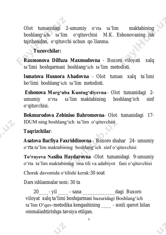 l ishtirok etishlarini ta’minlash; to‘g‘ri, ongli, ifodali o‘qish malakalarini rivojlantirish, lug‘at boyligini rivojlantirish. vatan haqidagi tushunchalarini boyitish. fk2: xalq og‘zaki ijodi namunalari va boshqa asarlarni bir- biridan farqlay oladi. dars turi: yangi bilim beruvchi, o‘tgan mavzuni mustahkamlash.. dars metodi: ifodali o‘qish, mantiqiy savol – javob, “qofiyasini top “ ta’ilmiy o‘yini jihozi: mavzuga doir ko‘rgazma,tarqatmali savollar. 4 darsning borishi: t/r bo‘limlar vaqti 1 tashkiliy qism 3 daqiqa 2 o‘tgan mavzuni mustahkamlash 5 daqiqa 3 yangi mavzu bayoni 15 daqiqa 4 yangi mavzuni mustahkamlash 10 daqiqa 5 o‘quvchilarni rag‘batlantirish. darsni yakunlash. 10 daqiqa 6 uyga vazifa 2 daqiqa jami 45 daqiqa i. tashkiliy qism: a) salomlashish, davomotni aniqlash, tozalikni tekshirish. b)ma’naviyat daqiqasini o‘tkazish. kun yangiligi. d) ingliz tili daqiqasi: monster – maxluq, ancestors – ajdodlar. ii. o‘tgan mavzuni mustahkamlash: o‘quvchilar bilan savol- javob o‘tkaziladi. dars davomida o‘quvchilar rag‘batlantirilib baholanadi. 1.hikoyada fors xalqi qaysi qabilaga qarshi urush e’lon qiladi? 2.hikoyaning asosiy g‘oyasi nima? …