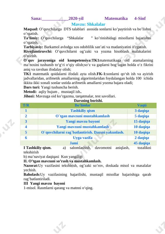 asmini chizdi. hamma nurlarni chizish mumkinmi? o‘z javobingizni tushuntiring. 2-misol.1) cheksiz uzun chizg‘ich shkalasini ko‘z oldingizga keltiring. bu shkalani nurga qiyoslash mumkin. [image: ] nurning nomini ayting. n urning boshini (sanoq boshini) ko‘rsating. u qaysi harf bilan belgilangan? istalgan ikkita qo‘shni nuqtalar orasidagi kesmani o‘lchang. u nimaga teng? ox nur sonli nur, shuningdek, sonlar o‘qi deb ataladi. o nuqta – nurning boshi. 0 dan 1 gacha kesma birlik kesma deb ataladi. ox nurda uning uzunligi 1 cm ga teng.2) birlik kesmasining uzunligi 2 cm ga, 1 cm ga, daftarning uchta katagiga teng bo‘lgan ox sonli nur chizing. 3-misol. sonli nurda 140 sonidan: a) 9 birlik; b) 14 birlik; d) 20 birlik uzoqlikda yotgan sonlarni toping. 140-9=131 140+9=149 140-14=126 140+14=154 140-20=120 140+20=160 misolni o’quvchilar mustaqil bajaradilar. ular ishini kuzatish va baholash. iv yangi mavzuni mustahkamlash o’quvchilar yozuvini nazorat qilish. 4 - masala shartini tushuntirish. hamma shakllar bir so’z bilan qanday nomlanadi. …