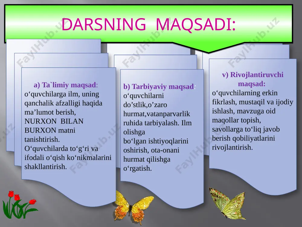 soz darsning borishi: i tashkiliy qism o`quvchilar bilan ingliz tilida salomlashib, navbatchi hisoboti tinglanadi. -good morning, children. -good morning. -who is on duty today? -i am on tudy today -who is absent -all are present -what date is it today - today is the 10 th of desember -what day is it today -today is tuesday -thank you sit down please -hozir qaysi dars? -o`qish -hamma o`qish kitobini, daftarini chiqordimi? -albatta davlat madhiyasi serquyosh, hur o’lkam, elga baxt najot, sen o’zing do’stlarga yo’ldosh, mehribon. yashnagay to abad ilmu, fan ijod, shuhrating porlasin toki bor jahon. naqarot oltin bu vodiylar jon o’zbekiston, ajdodlar mardona ruhi senga yor. ulug’ xalq qudrati jo’sh urgan zamon, olamni mahliyo aylagan diyor. bag’ri keng o’zbekning o’chmas iymoni, erkin, yosh avlodlar senga zo’r qanot. istiqlol mash’ali, tinchlik posboni, haqsevar, ona yurt, mangu bo’l obod. naqarot oltin bu vodiylar jon o’zbekiston, ajdodlar mardona ruhi senga yor. ulug’ xalq …