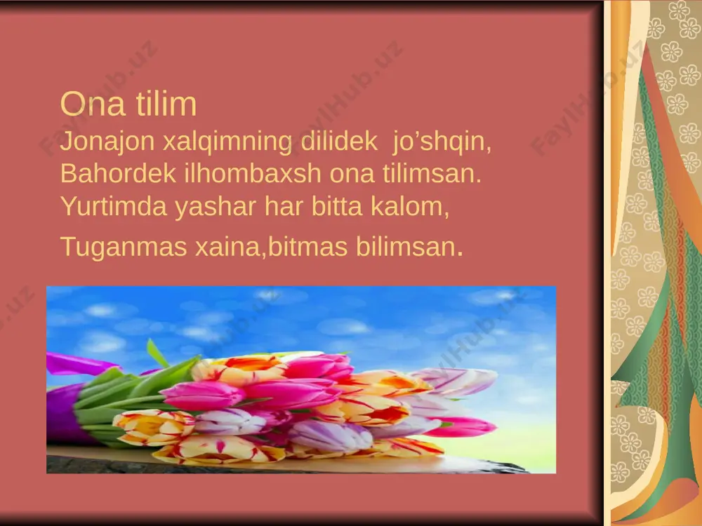 i, qo‘sh o‘rkachli – tuya soqolli, qo‘rqoq - echki chopqir, tuyog‘i qattiq - ot tikonli, kichkina - tipratikan sudraluvchi, zaharli - ilon ovozi yoqimli, kichkina - bulbul “topishmoq “ o‘yini o ‘tkaziladi. o‘qituvchi o‘quvchilarga hayvonlar aks etgan belgi va sifatlardan foydalanib topishmoq o‘yin o‘tkazadi. adjective (sifatlar) clear (tip-tiniq) white(oq) dark green (ko ‘m-ko ‘k) sincere (beg‘ubor) “sifatlarini top!” ta’limiy o‘yin o‘tkaziladi. buning uchun mashq matnidagi sifatlar yozilgan vatman doskaga ilib qo‘yiladi. o‘quvchining vazifasi so‘zlarni ingliz tilidagi nomini aytib, ana shu sifatga mos otlarni ingliz tilida yozib chiqadilar. 2.sifatlar gapda qamday bo‘lak vazifasida keladi? 4. sifatlar qaysi turkumdagi so‘zga bog‘lanib keladi? 6. qanday otlar bosh (katta) harf bilan yoziladi? 5. qanday sifat yasovchi qo‘shimchalar yordamida sifatlar hosil qilinadi? 3. sifatlar qanday so‘roqqa javob bo ‘ladi? 1. qanday so‘zlar sifat deyiladi? o‘quvchilar bilimini quyidagi tarqatma savollarga javob olish orqali tekshiriladi va mustahkamlanadi 1. qancha?, nechta? so‘rog‘iga javob bo‘lgan so‘z 2. ko‘rkam, chiroyli, …