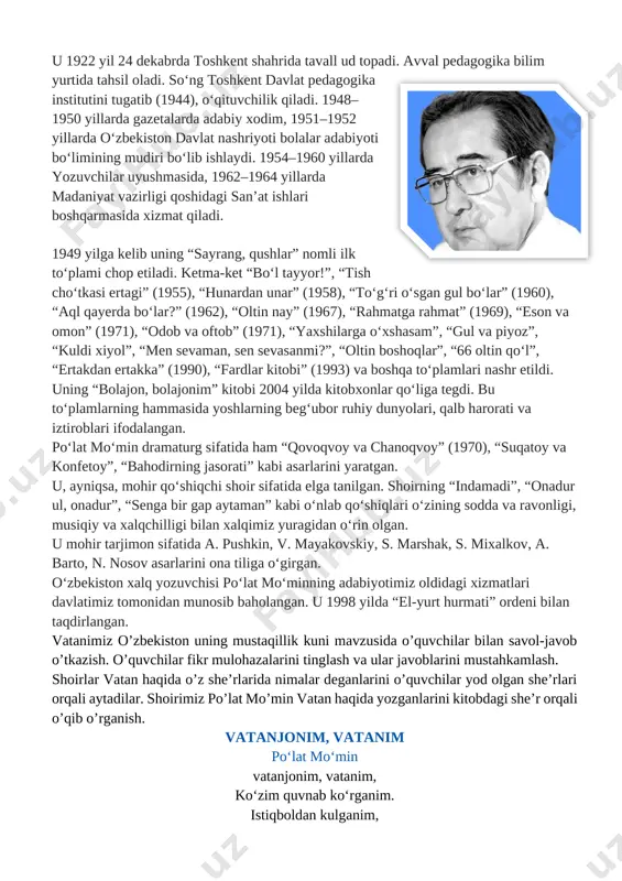 rda toshkent shahrida tavall ud topadi. avval pedagogika bilim yurtida tahsil oladi. soʻng toshkent davlat pedagogika institutini tugatib (1944), oʻqituvchilik qiladi. 1948–1950 yillarda gazetalarda adabiy xodim, 1951–1952 yillarda oʻzbekiston davlat nashriyoti bolalar adabiyoti boʻlimining mudiri boʻlib ishlaydi. 1954–1960 yillarda yozuvchilar uyushmasida, 1962–1964 yillarda madaniyat vazirligi qoshidagi sanʼat ishlari boshqarmasida xizmat qiladi. 1949 yilga kelib uning “sayrang, qushlar” nomli ilk toʻplami chop etiladi. ketma-ket “boʻl tayyor!”, “tish choʻtkasi ertagi” (1955), “hunardan unar” (1958), “toʻgʻri oʻsgan gul boʻlar” (1960), “aql qayerda boʻlar?” (1962), “oltin nay” (1967), “rahmatga rahmat” (1969), “eson va omon” (1971), “odob va oftob” (1971), “yaxshilarga oʻxshasam”, “gul va piyoz”, “kuldi xiyol”, “men sevaman, sen sevasanmi?”, “oltin boshoqlar”, “66 oltin qoʻl”, “ertakdan ertakka” (1990), “fardlar kitobi” (1993) va boshqa toʻplamlari nashr etildi. uning “bolajon, bolajonim” kitobi 2004 yilda kitobxonlar qoʻliga tegdi. bu toʻplamlarning hammasida yoshlarning begʻubor ruhiy dunyolari, qalb harorati va iztiroblari ifodalangan. poʻlat moʻmin dramaturg sifatida ham “qovoqvoy va …