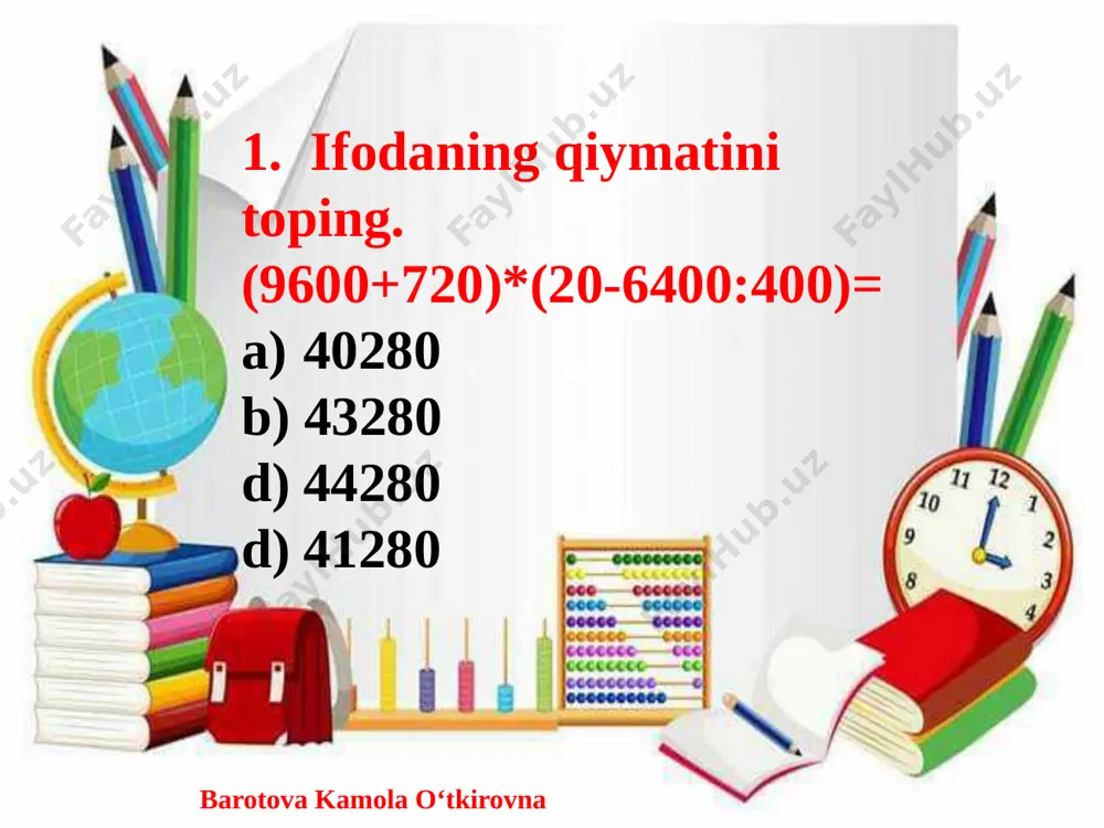 :4=1680:30+144 405 505 d) 515 e) 305 barotova kamola o‘tkirovna 11 . quyidagi sonlardan nechtasi raqamlari teskari tartibda yozilganda kamayadi: 3663, 2222, 3443, 5252, 1313, 6565 a ) 1 b ) 2 d ) 4 e) 3 barotova kamola o‘tkirovna 12. 525*79-525*59+8100:18= 10650 b) 10750 d) 10850 e) 10950 barotova kamola o‘tkirovna 13. 5 h 15 min-2 h 45 min = 2 h 30 min b) 2 h 40 min d) 3 h 15 min e) 1 h 30 min barotova kamola o‘tkirovna 14 . o‘zbekistonda 2020-yil holatiga 100 ta uy xo‘jaligiga o‘rtacha 287 ta mobil telefonlar to‘g‘ri keldi .agar qishloq aholisining har 50 ta xonadoniga 114 ta telefon to‘g‘ri kelsa , shahar aholisining har 100 ta xonadoniga nechta telefon to‘g‘ri keladi ? (mantiqiy ) 204 b) 286 d ) 346 e) 386 barotova kamola o‘tkirovna 15. ifodaning qiymatini toping. ( 385*125*16:77-250*88*4:55 ) : 28 = a ) 8400 b …