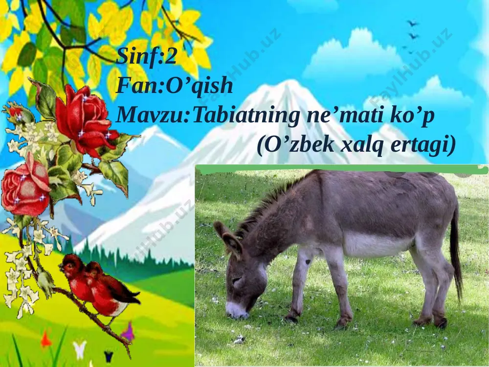 eldi. ko’chatlar larzon. jilmayib boqar, egilib turar bazo’r, yuragidan o’t yoqar. har yig’ilgan hosil zo’r! salqin bedapoyaga, sol soyaga. yoz yozadi “huzur qilsin har bir jon! boshqotirma: o’qituvchi:bolajonlar,yangi mavzuni boshlashdan oldin kelinglar sizlar bilan quyidagi boshqotirmani bajarib,yangi mavzuning nomini bilib olamiz. p k o a s m k r t a b i a t a b o d r o r z d o a sh v i r r m k u i a z ng 1. 2. 3. 4. 5. 6. sh a o a p l f g n e ‘ m a t i o l a n o l k s o l o i r i s n 1. 4. 3. 6. 2. 5. 9 yangi mavzu bayoni: tabiatning ne’mati ko’p. (o’zbek xalq ertagi) bor ekan-da yo’q ekan,bir eshak bo’lgan ekan.u o’zini juda aqlli deb bilar ekan.kunlarning birida u bog’ga kiribdi.qarasa,daraxtlarda mevalar,polizda qovoqlar …