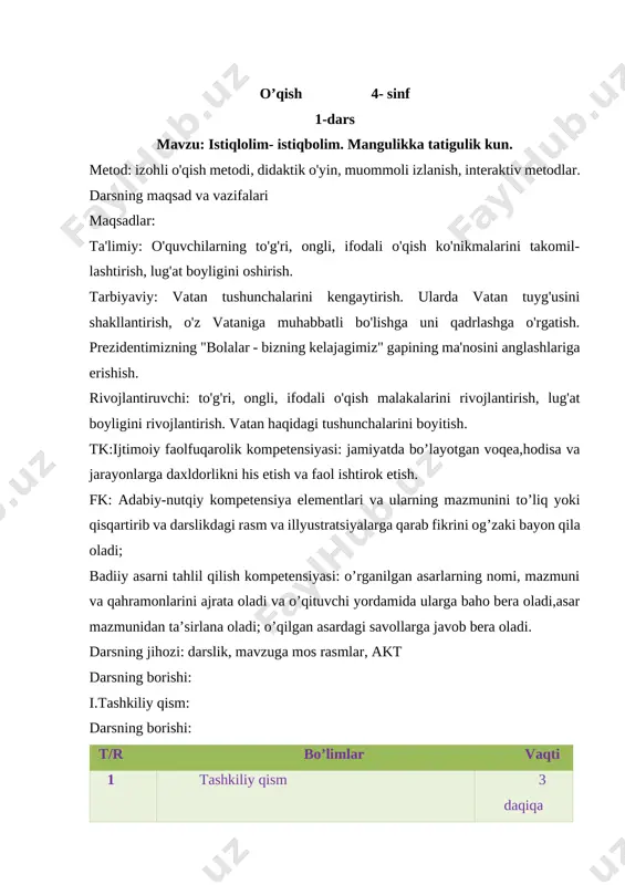 chilar bilan salomlashish; b) darsga o’quvchilarni tayyorlash; c) davomatni aniqlash; [image: ] darsimiz o`qish.o`qish fani nimani o`rgatadi? o`qishni ,yuzishni,so`zlarni to`g`ri talaffuz qilishga,mustaqil fikrlashga,fikrni erkin bayon qilishga o`rgatadi. bugungi kunda ta`lim sohasini isloh qilish, ta`lim sifatini oshirish,o`qituvchilarni o`z ish faoliyatidan chalg`itmaslik borasida prezidentimiz sh.miromonovich qarorlar, farmonlar,yoshlarni bo`sh paytini mazmunli tashkil etish ,xalq farovonligini yaxshilash uchun esa 5 ta tashabbusni joriy etdi.siz tashabbusni qay tartibda o`rgandingiz? dunyolarni egallab cho`qqilarga chiqdik biz. yurtboshimiz madadkor qo`llar 5 ta tashabbus. 1-o`quvchi: musiqa chal,she`rlar yoz sen xoxlasang rasm chiz. aktyor bo`lmoqchimisan? qo`llar 5ta tashabbus. 2-o`quvchi: sport bilan shug`ullan boks, tennis, suvda suz. sport bilan chiniqasan qo`llar 5ta tashabbus 3-o`quvchi: kompyuter asri bu kerakli dasturlar tuz. istagan mavzuingizda ochiq dars taqdimotlar tayyorlab beramiz murojaat uchun telefon 97-845-09-09 telegram @secret_0909 guruhimiz : @iqtidorli_uzedu istagan mavzuingizda ochiq dars taqdimotlar tayyorlab beramiz murojaat uchun telefon 97-845-09-09 telegram @secret_0909 guruhimiz : @iqtidorli_uzedu istagan mavzuingizda ochiq dars taqdimotlar tayyorlab beramiz murojaat uchun …