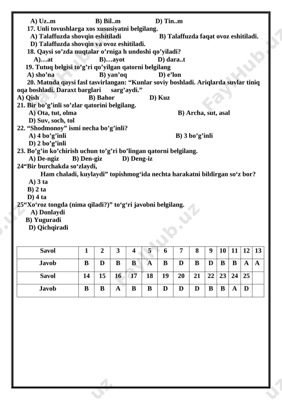 ’yilgan qatorni belgilang a) sho’na b) yan’oq d) e’lon 20. matnda qaysi fasl tasvirlangan: “kunlar soviy boshladi. ariqlarda suvlar tiniq oqa boshladi. daraxt barglari sarg’aydi.” a) qish b) bahor d) kuz 21. bir bo’g’inli so’zlar qatorini belgilang. a) ota, tut, olma b) archa, sut, asal d) suv, soch, tol 22. “shodmonoy” ismi necha bo’g’inli? a) 4 bo’g’inli b) 3 bo’g’inli d) 2 bo’g’inli 23. bo’g’in ko’chirish uchun to’g’ri bo’lingan qatorni belgilang. a) de-ngiz b) den-giz d) deng-iz 24“bir burchakda so‘zlaydi, ham chaladi, kuylaydi” topishmog‘ida nechta harakatni bildirgan so‘z bor? a) 3 ta b) 2 ta d) 4 ta 25“xo‘roz tongda (nima qiladi?)” to‘g‘ri javobni belgilang. a) donlaydi b) yuguradi d) qichqiradi savol 1 2 3 4 5 6 7 8 9 10 11 12 13 javob b d b b a b d b d b b a a savol 14 15 16 17 18 19 20 21 22 23 …