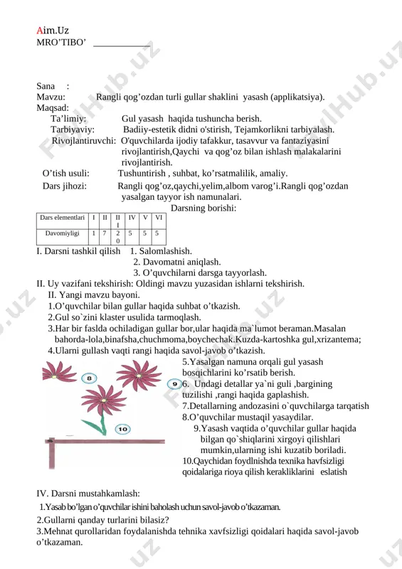 larini bilasiz? 2.ulardan foydalanishda qanday tehnika xavfsizligi qoidalariga rioya qilish kerak? 3.qaychidan foydalanishda tehnika xavfsizligi qoidalari qanday? 4.ninadan foydalanishda tehnika xavfsizligi qoidalari qanday? 5.yelimdan foydalanishda tehnika havfsizligi qoidalari qanday? o`quvchilarning olgan baholari kundaliklariga va daftarlariga qo`yiladi. v. uyga vazifa: mehnat qorollarini rasmini chizish. mro’tibo’ ____________ sana : mavzu: rangli qog’ozdan turli gullar shaklini yasash (applikatsiya). maqsad: ta’limiy: gul yasash haqida tushuncha berish. tarbiyaviy: badiiy-estetik didni o'stirish, tejamkorlikni tarbiyalash. rivojlantiruvchi: o'quvchilarda ijodiy tafakkur, tasavvur va fantaziyasini rivojlantirish,qaychi va qog’oz bilan ishlash malakalarini rivojlantirish. o’tish usuli: tushuntirish , suhbat, ko’rsatmalilik, amaliy. dars jihozi: rangli qog’oz,qaychi,yelim,albom varog’i.rangli qog’ozdan yasalgan tayyor ish namunalari. darsning borishi: dars elementlari i ii iii iv v vi davomiyligi 1 7 20 5 5 5 i. darsni tashkil qilish 1. salomlashish. 2. davomatni aniqlash. 3. o’quvchilarni darsga tayyorlash. ii. uy vazifani tekshirish: oldingi mavzu yuzasidan ishlarni tekshirish. ii. yangi mavzu bayoni. 1.o’quvchilar bilan gullar haqida suhbat o’tkazish. 2.gul so`zini …