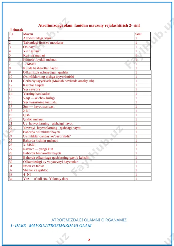 bilim beruvchi. darsning jihozlanishi.tabiatning turli fasllardagi manzaralari, o'simlik va hayvonlarning rasmlari, kishilarning mehnat jarayoni, ular tomonidan yaratilgan buyumlarning rangli suratlari. darsning borishi.tashkiliy qism. o'quvchilar uch guruhga bo'linib o'tiradilar. tarmoqlash usuli orqali 1- sinfda o'tilgan mavzular takrorlanadi. insonlar daraxtlar daraxtlar insonlar tog'lar qushlar yer havo jonli tabiat jonli tabiat gullar atrofimizdagi olam toshlar osmon hayvonlar suv hayvonlar o`simliklar o'simliklar qushlar gullar «klaster» usulidan foydalanish ham mumkin. atrofimizdagi olam nima degan savolga bolalar javob beradi. o'qituvchi strelkalar to'g'risiga yoza boshlaydi. yangi mavzuni bayon etish. o'tiladigan mavzuni bayon etishdan awal o'quvchilarga quyidagi savollar bilan murojaat qilinib, ularning diqqatini jamlash, darsga bo'lgan qiziqishlarini oshirish: 1. atrofimizdagi olam deganda nimani tushunasiz? 2. atrofimizdagi olamni qaysi sezgi a'zolarimiz orqali kuzatamiz? 3. ertalab uyqudan uyg'onganingizda ob-havo qanday edi? 4. oila a'zolaringiz nima ish bilan mashg'ul bo'ldilar? o'qituvchi shu kabi savollar bilan yangi mavzuni boshlaydi. darsga jiddiy tayyorgarlik ko'rish lozim. atrof-muhitdagi mavjud narsalar qancha qiziqarli tushuntirilsa, ularning sir-asrorlari …