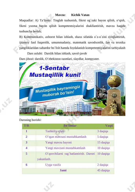 »ñ�ñ�ð¸ðº ðºð»ð¸ð¿ð°ñ�ñ� png] sizlar dars davomida faol ishtirokingiz va to’g’ri javobingiz uchun rag’bat-doira olasiz va sovg’angizga yopishtirib tabriknoma tayyorlaysiz. dars so’ngida eng ko’p rag’bat yig’gan o’quvchi aniqlanadi. [image: ] g’olib o’quvchiga bilim boyligi bo’lmish-kitoblar sovg’a qilinadi.sizlardan faqat chaqqon va hushyor bo’lish talab qilinadi.istagan mavzuingizda ochiq dars taqdimotlar tayyorlab beramiz murojaat uchun telefon 97-845-09-09 telegram @secret_0909 guruhimiz : @fidoiy_ustozlar [image: ð�ð°ñ�ñ�ð¸ð½ðºð¸ ð¿ð¾ ð·ð°ð¿ñ�ð¾ñ�ñ� ðºð¾ð»ð¾ðºð¾ð»ñ�ñ�ð¸ðº ðºð»ð¸ð¿ð°ñ�ñ� png]qo’ng’iroq:ruxsat bersangiz bolajonlar uchun yoz bo’yi tayyorlab qo’ygan savollarimni bersam. rangi har xil, nomi bir xil bu nima? hamma:qalam qo’ng’iroq o’quvchilarga qalam maketini tarqatadi va unda so’zlar yozilgan bo’ladi.o’quvchilar so’zlarni o’z o’rniga qo’yishi kerak bo’ladi. “qalamlar quyoshi” metodi.bunda “vatan”,”mustaqillik”,”ramz” so’zlariga ta’riflar berishadi va quyoshni hosil qilishadi. [image: ][image: ][image: ] o’qituvchi:aziz bolajonlar o’zbekiston serquyosh o’lka,o’z bilimingiz bilan buni yana bir bor isbotladingiz.o’quvchilar rag’batlantiriladi. [image: ð�ð°ñ�ñ�ð¸ð½ðºð¸ ð¿ð¾ ð·ð°ð¿ñ�ð¾ñ�ñ� ðºð¾ð»ð¾ðºð¾ð»ñ�ñ�ð¸ðº ðºð»ð¸ð¿ð°ñ�ñ� png]qo’ng’iroq:dars payti ruchka,qalam kerak bo’lar juda ham. shay tursa doim darslik, “5”dan to’lar kundalik. o’qituvchi: aziz bolajonlar …