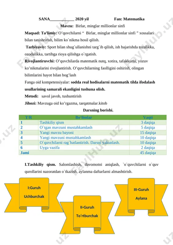 amiz. o’quvchilardan ma’naviyat tushunchasi so’raladi. o’quvchilar guruhlarga bo’linib o’z guruhlariga ta’rif berishadi 1. uchburchak - tringil 2. figura - figure 3. aylana - scerle kichik guruhlarda o’quvchilar bir nechta bosqichlarda bellashadi: 1- bosqich. tezkor savollar; istagan mavzuingizda ochiq dars taqdimotlar tayyorlab beramiz murojaat uchun telefon 97-845-09-09 telegram @secret_0909 guruhimiz : @fidoiy_ustozlar 2- bosqich. o’tilgan mavzu yuzasidan savol-javob; 3- bosqich. yangi mavzu jarayonida; 4- bosqich. sardorlar bellashuvi. aqliy hujum usulidan foydalanib o’quvchilarga “tezkor savollar” beriladi. “uchburchak” guruhiga 1. 2021-yil qanday yil deb e’lon qilindi ? 2. 2-sentabr qanday kun ? 3. hozir kuz faslining nechanchi oyi? 4. 50 sonini 6 marta orttirsak -? 5. inson ko’rki nimada ? 6. tadbirkorlik omad -? 7. matematika so’zida nechta harf bor? 8. burchaklari to’g’ri bo’lgan to’rtburchak - to’g’ri to’rtburchak “to’rtburchak” guruhiga savollar. 1. 1-sentabr qanday kun? 2. biz uni eshitamiz, talaffuz qilamiz, aytamiz-? 3. sentabr oyi qanday oy deb e’lon qilindi? 4. 300 sonini …