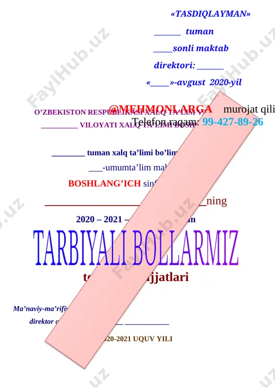 g‘ulot) 1 26 takrorlash 1 27 baxt oiladan boshlanadi 1 28 oilaviy kitobxonlik - muvaffaqiyat poydevori 1 29 ona - ulug‘ zot 1 30 sog‘liq - katta boylik 1 31 sog‘lom hayot uchun zarur kun tartibi 1 32 insonni xotirlash - milliy qadriyat 1 33 insonni xotirlash - milliy qadriyat 1 34 umumlashtiruvchi dars: men 11 yoshdaman 1 № o’quvchilarning ismi va familiyasi tug’ilgan yili, kuni yashash manzili sinfi 1. 2. 3. 4. 5. @mehmonlarga murojat qiling telefon raqam: 99-427-89-26 6. 7. 8. 9. 10. 11. 12. 13. 14. 15. 16. 17. 18. 19. 20. 21. 22. 23. 24. 25. 26. @mehmonlarga murojat qiling telefon raqam: 99-427-89-26 № fish sana 1 2 3 4 5 6 7 8 9 10 11 12 13 14 15 16 17 18 19 20 21 22 23 24 25 26 27 28 29 30 31 32 33 34 35 36 37 38 39 40 …