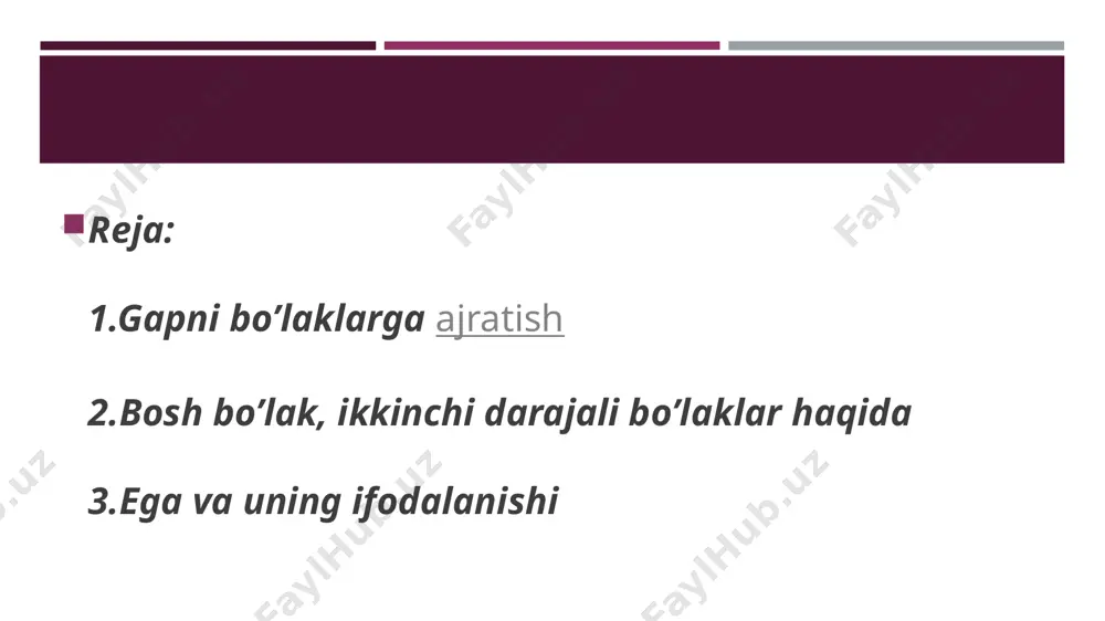 loqadagi bir necha so’z ham butunicha yoki bo’lak – bo’lak ravishda ega bo’lib kelishi mumkin: otam bilan akam bozorga ketishdi. ba’zan ega chiqish kelishigidagi so’zlar bilan ham ifodalanishi mumkin. bunday paytlarda haqiqiy ega tushirilgan bo’lib, undan oldin kelayotgan chiqish kelishigidagi so’z ega vazifasinin ifodalaydigan bo’lib qoladi: unda ham bu kitoblardan bor. bu gapdagi haqiqiy egani tiklash mumkin: unda ham bu kitoblardan biri bor. ikkinchi darajali bo’laklar aniqlovchi hol kesim doimo yakunlovchi fikrni bildiradi. ba’zan kesim faqat o’zi bir gap bilan fikr bildiradi. kesim vatanga, insonlarga sidqidildan xizmatda bo'lish. ularni gapda so'roqlar yordamida topiladi, hamda har biri alohida chiziqlar bilan ajralib turishni xohlashadi: kesim - ikki chiziqdan ega - bir chiziqdan to'ldiruvchi - uzuq chiziqlardan aniqlovchi - to'lqinli hol -nuqtalardan iborat chiziqdan gap bo’laklarining vazifalari: e’tiboringiz uchun raxmat uyda qoling #birmiz #qalban_birgamiz #birgalikda_yengamiz