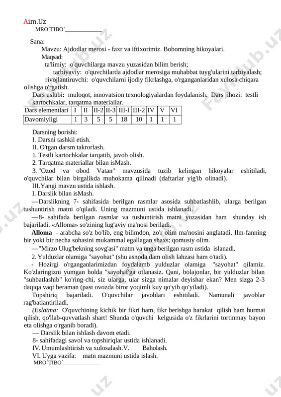 lanadi. · tushuntirish matni o'qilib, uning mohiyati o'qituvchi tomonidan ochib beriladi. · islom karimovning «yuksak ma'naviyat - yengilmas kuch» asaridan olingan sitata mazmuni ustida ishlanib, ushbu asar ko'rsatiladi. · 6- sahifadagi topshiriq o'quvchilar tomonidan bajariladi. · «jumboqni yeching» belgisi ostida berilgan boshqotirma yechiladi. javob: vatani borning davlati bor. 2. muammoli savol bilan ishlash. - vatandan uzoqqa ketdingiz, deylik. o'zingizni qanday xis qilasiz? (tez kunda vatanimni sog'inib qolaman, degan javobga kela bilish lozim). xulosa: vatanning har bir qarich yeri inson uchun aziz! iv. umumlashtirish va xulosalash. v. baholash. vi . uyga vazifa:darslikning 3-6- sahifalaridagi saboqlarni o'rganish; "ozod va obod vatan" mavzusida ijodiy hikoya tuzish. mro`tibo`_____________ sana: mavzu: ajdodlar merosi - faxr va iftixorimiz. bobomning hikoyalari. maqsad: ta'limiy: o'quvchilarga mavzu yuzasidan bilim berish; tarbiyaviy: o'quvchilarda ajdodlar merosiga muhabbat tuyg'ularini tarbiyalash; rivojlantiruvchi: o'quvchilarni ijodiy fikrlashga, o'rganganlaridan xulosa chiqara olishga o'rgatish. dars uslubi: muloqot, innovatsion texnologiyalardan foydalanish. dars jihozi: testli kartochkalar, tarqatma materiallar. dars …