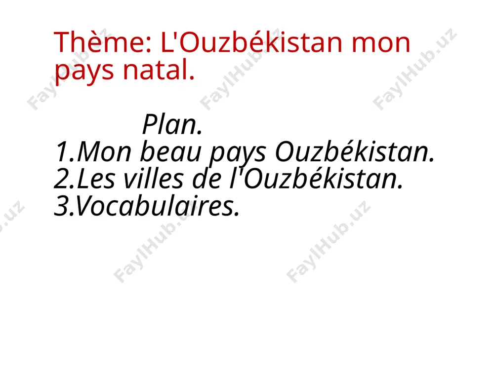 re pays il y a 14 régions. 5. anvar s'interesse au français.quand il sera grand,il sera médecin. 6.j'aime beaucoup les oiseaux, je serai vétérinaire le jeu: qui est fort en maths. 1. 20+15= 2. 85+15= 3. 50- 25= 4. 60- 30= 5. 20×2= 6. 35×2= 7. 80:2= 8. 90:3= notation.noter les élèves qui ont participé à la leçon. devoir à la maison. apprendre par coeur les mots inconnus. lire le thème nouveau. apprendre les informations sur l'ouzbékistan. image1.jpeg image2.jpeg image3.jpeg image4.jpeg image5.jpeg image6.jpeg