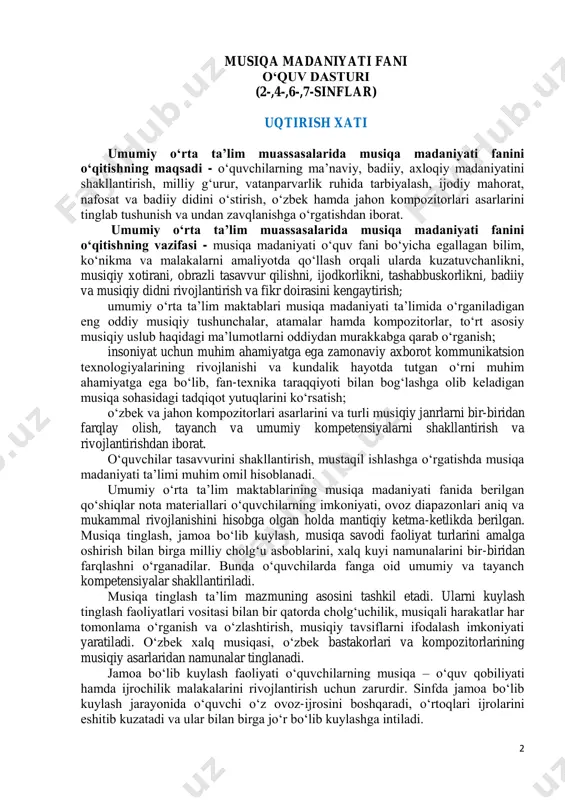avodi faoliyat turlarini amalga oshirish bilan birga milliy cholg‘u asboblarini, xalq kuyi namunalarini bir-biridan farqlashni o‘rganadilar. bunda o‘quvchilarda fanga oid umumiy va tayanch kompetensiyalar shakllantiriladi. musiqa tinglash ta’lim mazmuning asosini tashkil etadi. ularni kuylash tinglash faoliyatlari vositasi bilan bir qatorda cholg‘uchilik, musiqali harakatlar har tomonlama o‘rganish va o‘zlashtirish, musiqiy tavsiflarni ifodalash imkoniyati yaratiladi. o‘zbek xalq musiqasi, o‘zbek bastakorlari va kompozitorlarining musiqiy asarlaridan namunalar tinglanadi. jamoa bo‘lib kuylash faoliyati o‘quvchilarning musiqa – o‘quv qobiliyati hamda ijrochilik malakalarini rivojlantirish uchun zarurdir. sinfda jamoa bo‘lib kuylash jarayonida o‘quvchi o‘z ovoz-ijrosini boshqaradi, o‘rtoqlari ijrolarini eshitib kuzatadi va ular bilan birga jo‘r bo‘lib kuylashga intiladi. 3 musiqa savodi barcha faoliyatlarni nazariy birlashtiruvchi faoliyat sifatida muhimdir. darsda qaysi faoliyat mashg‘uloti (tinglash, kuylash, raqs va h.k.) qo‘llanilmasin, uning amaliyotida foydalanilayotgan asar o‘rganiladi va uning xususiyatlari (janri, tuzilishi, ijrochiligi va h.k.) haqida yangi tushunchalar hosil bo‘ladi. shu bois, musiqa savodi faqatgina nota savodi uslublaridan iborat bo‘lib qolmay, balki …