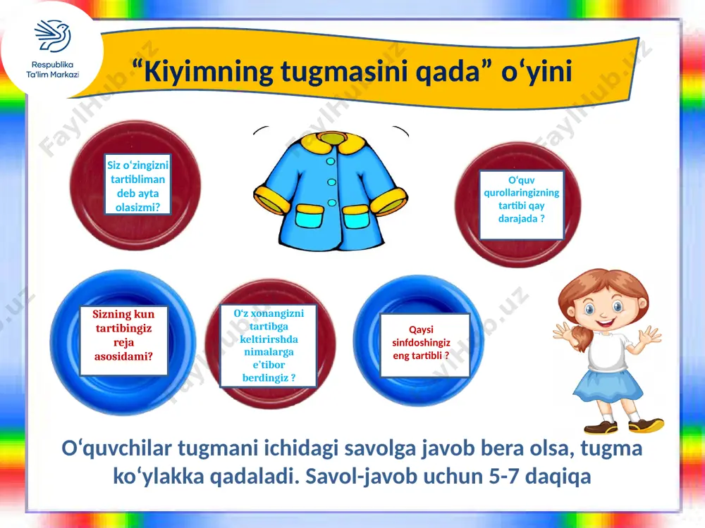 qiz — yoqadagi qunduz. odob - odob oldidan ketma. odobni kichikka kalom ber. oltin olmay, odob ol, odobi undan aziz. ota oldidan o'tma, oltindan qimmat. guruhlarda ishlash 1-guruh dars vaqti (sinf xonalari)da: 2-guruh tanaffusda: 3-guruh sport majmualarida: dars jarayoniga halal beradigan harakatlar qilishdan saqlanish; uyali aloqa vositalarini o‘chirib qo’yish; dars vaqtida o‘rinsiz gaplashmaslik; jihozlarni asrab-avaylash, partalarga, stol va stullarga chizmaslik; qog‘oz va boshqa keraksiz narsalarni qoldirib ketmaslik; ovqatlanmaslik, saqich chaynamaslik. tanaffusdan unumli foydalanish; oz o‘qish joyini toza saqlash va tartibga keltirish; navbatdagi dars bo‘ladigan xonaga o‘z vaqtida o‘tish; fan o‘qituvchisining ko’rsatmasi bo‘yicha sinfni kelgusi darsga tayyorlash; katta tanaffus vaqtida navbatchi o’quvchilar tomonidan sinf xonasining tozaligini ta’minlash. sport majmuasiga xos bo‘lgan kiyim va poyabzallarda kirish; sport inventarlaridan oqilona va samarali foydalanish; mashg‘ulotlardan keyin sport inventarlarini belgilangan joylarga qayta topshirish; sport majmuasining belgilangan tartib-qoidalariga to‘liq rioya qilish. oila davrasida ijodiy faoliyat 1. yuqorida berilgan qoidalarga amal qilish uchun nima qilish kerak? 2. …