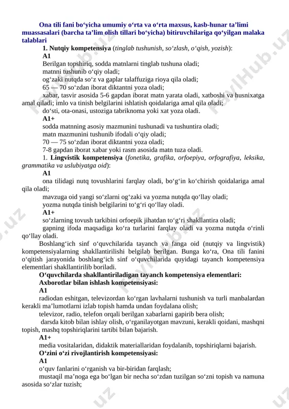 lay oladi; [bookmark: 3154786]yozma nutqda tinish belgilarini to‘g‘ri qo‘llay oladi. [bookmark: 3154787]a1+ [bookmark: 3154788]so‘zlarning tovush tarkibini orfoepik jihatdan to‘g‘ri shakllantira oladi; [bookmark: 3154789]gapning ifoda maqsadiga ko‘ra turlarini farqlay oladi va yozma nutqda o‘rinli qo‘llay oladi. boshlang‘ich sinf o‘quvchilarida tayanch va fanga oid (nutqiy va lingvistik) kompetensiyalarning shakllantirilishi belgilab berilgan. bunga ko‘ra, ona tili fanini o‘qitish jarayonida boshlang‘ich sinf o‘quvchilarida quyidagi tayanch kompetensiya elementlari shakllantirilib boriladi. o‘quvchilarda shakllantiriladigan tayanch kompetensiya elementlari: axborotlar bilan ishlash kompetensiyasi: a1 radiodan eshitgan, televizordan ko‘rgan lavhalarni tushunish va turli manbalardan kerakli ma’lumotlarni izlab topish hamda undan foydalana olish; televizor, radio, telefon orqali berilgan xabarlarni gapirib bera olish; darsda kitob bilan ishlay olish, o‘rganilayotgan mavzuni, kerakli qoidani, mashqni topish, mashq topshiriqlarini tartibi bilan bajarish. a1+ media vositalaridan, didaktik materiallaridan foydalanib, topshiriqlarni bajarish. o‘zini o‘zi rivojlantirish kompetensiyasi: a1 o‘quv fanlarini o‘rganish va bir-biridan farqlash; mustaqil ma’noga ega bo‘lgan bir necha so‘zdan tuzilgan so‘zni topish va namuna asosida so‘zlar …