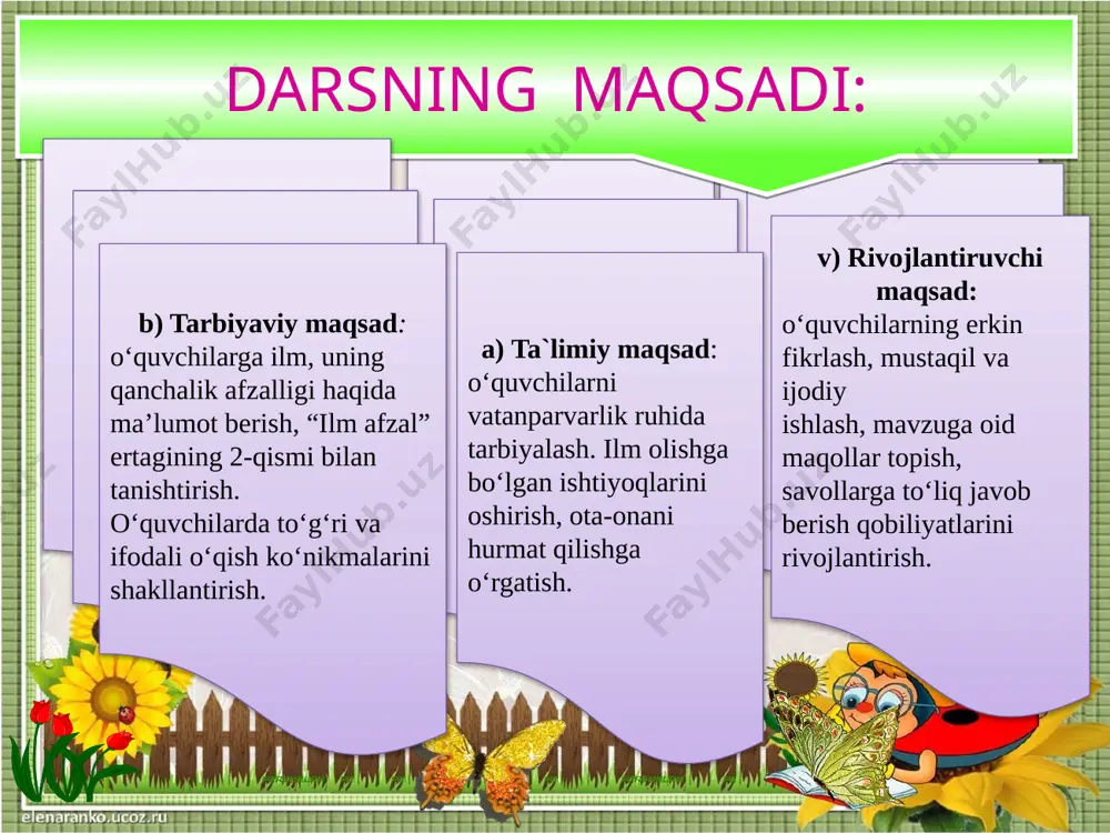 nima afzal? onlayn savol onlayn javob maqolar zanjiri yoshlikda olingan ilm toshga o’yilgan naqshdir. ilmli ming yashar , ilmsiz bir yashar 17 17 yakunlovchi xulosa biz buyuk yurt osmonida go’zal kamalak, barkamol avlod bo’lmoq eng ezgu tilak. uyga vazifa ertak mazmuni asosida reja tuzish va reja asosida hikoya qilishga tayyorlanish . dars so`ngida o`quvchilarning ishtirokiga ko’ra baholari e`lon qilinadi va rag’batlantiriladi. image2.gif image3.gif image4.jpeg image5.gif image6.wmf image7.gif image8.gif image9.jpeg image10.gif image11.png image12.png image13.png image14.png image15.png image16.png image17.jpeg image18.png image19.png image20.png image21.jpeg image22.jpeg image23.png image24.png image25.png image26.png image27.jpeg image28.gif image29.jpeg image1.jpeg