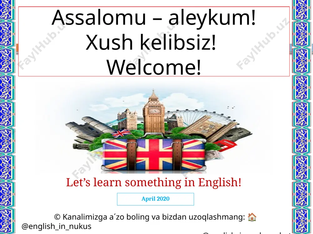 ib chiqamiz. unit 13 great britain lesson 3: it’s rainy unit 13 great britain #we are with you! 🏠stay home! 6 activity 3b look and say. 5 min anora va dostlarining kundaligini yana bir marta oqib chiqing. keyin esa seshanba kuni haqida gaplar tuzib daftarga yozing. bulutchadagi so’zlardan foydalanishga harakat qiling. unit 13 great britain lesson 3: it’s rainy unit 13 great britain #we are with you! 🏠stay home! 7 you: it was a very interesting travelling. we went to ... ummm... the biggest country in great britain ...er... pupils: england. you:... yes, england. thank you. we went to ... the capital of great britain ...er... pupils: london. you: thank you ... on sunday the weather was good. it was sunny and ... (warm). we went to see a famous museum ... it’s on the river thames ... pupils: the tower of london. you: yes, thank you ... we saw …