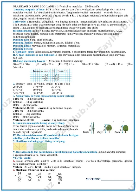 yeching: bor edi – 20 kg behi sotildi – 10 kg behi qoldi – ? kg behi. yechish: 20 - 10 = 10 javob: 10 kg qoldi. [image: ] topshiriqni o’quvchilar doskada o’qituvchi yordamida bajaradilar. v baholash. dars yakunida umumiy ballar e’lon qilinadi va faol, bilimdon o’quvchilar rag’batlantiriladi. vi uyga vazifa 6 – 7 - misol va masala. sana______ 2-mavzu: qo‘shish va ayirish amallarining tarkibiy qismlari va natijalari orasidagi o‘zaro bog‘lanish 1-7-misol va masalalar 55-56-sahifa darsninq maqsadi: ta`limiy: dts talablari asosida dars o`tish. o`tilganlarni takrorlashga doir misol va masalalar yechish ko`nikmalarini oshirib borish. tenglamalar yechish malakasini oshirish. masala misollarni tushunib, izohli yechishga o`rgatib borish. f.k.1. o‘rganilgan matematik tushunchalarni qabul qila oladi, tegishli misollar keltira oladi; tarbiyaviy: tirishqoqlik, chaqqonlik, o`z kuchiga ishonish, jamoada ishlash kabi sifatlarni shakllantirish. t.k.4. atrofdagilar bilan o‘zaro muloqot chog‘ida odob-axloq qoidalariga rioya qila olish va guruhda ishlay olish; t.k.6. aniq hisob-kitoblarga asoslangan holda shaxsiy rejalarni tuza olish; …