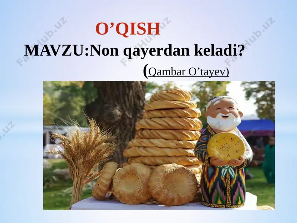 a javob topib ko’ring aziz bolajonlar! --- non ham non, ushog’i ham non. --- non bolasi --- non ushoq. --- non qadrini och bilar, kiyim qadrini yalang’och. --- nonvoyga non aziz, tegirmonchiga – un. --- nonga hurmat--- elga hurmat. --- non qon bo’lsa, qon --- jon. --- non bo’lsa bas, o’zgasi havas. endi mavzuni mustahkamlash uchun non haqida maqollardan misollar keltiramiz uyga vazifa mavzunu ifodali o’qib, mazmunini so’zlashga tayyorgarlik ko’ring. non rasmini chizing. e’tiboringiz uchun rahmat image1.jpg image2.jpeg image3.jpeg image4.jpeg image5.png image6.jpeg image7.png image8.png image9.jpeg image10.png image11.jpeg image12.jpeg image13.jpeg image14.jpeg image15.png image16.jpg