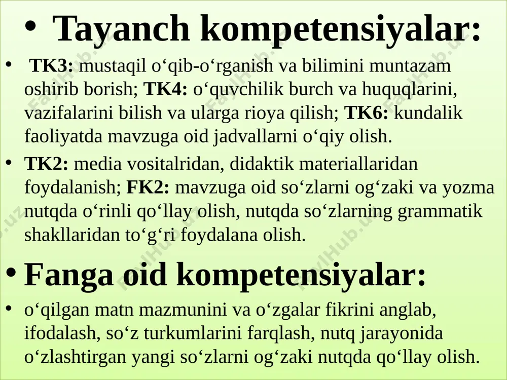 i foydalanish intizomli va faol bo’lish yangiliklar sari intilish o’zgalar fikrini tinglash ii.o‘tilgan mavzuni mustahkamlash so‘zning asosi nimani ifodalaydi? qo‘shimchalar nima uchun so‘s yasovchi va so‘zlarni bog‘lovchi deb turlarga ajratiladi? tilda so‘zlar qanday ko‘payadi? o’tilgan mavzuni mustahkamlash “snow flafes”usuli 7 yetti-? so’zlar bo’gin ko’chirishda nima bilan ajratilib yoziladi yonma-yon kelgan bir xil undoshlar qanday bo’g’in ko’chiriladi so’zni to’ldiring? op…q maqolni davom etter …,keyin so’yla bir xil undoshlar yonma-yon kelgan ismlardan misol ayting? novvoy so’zi qanday bo’g’inga ajratiladi? bir xil undoshlar yonma-yon kelgan so’zlardan misol ayting? yangi mavzu 136-138-mashqlar “yangi yil gashti” sovg’a to’la qop topishmog’im top yangi mavzuni mustahkamlash iqtidorli o’quvchi iqtidorli o’quvchi o’quvchilarni baholash uyga vazifa: . darsni yakunlash o’ibdo’:______ zukko dono image2.gif image3.png image4.wmf audio1.wav image5.jpeg image6.png image7.png image8.png image9.jpeg image10.png image11.png image12.png image13.png image14.png image15.jpeg image16.png image1.jpeg