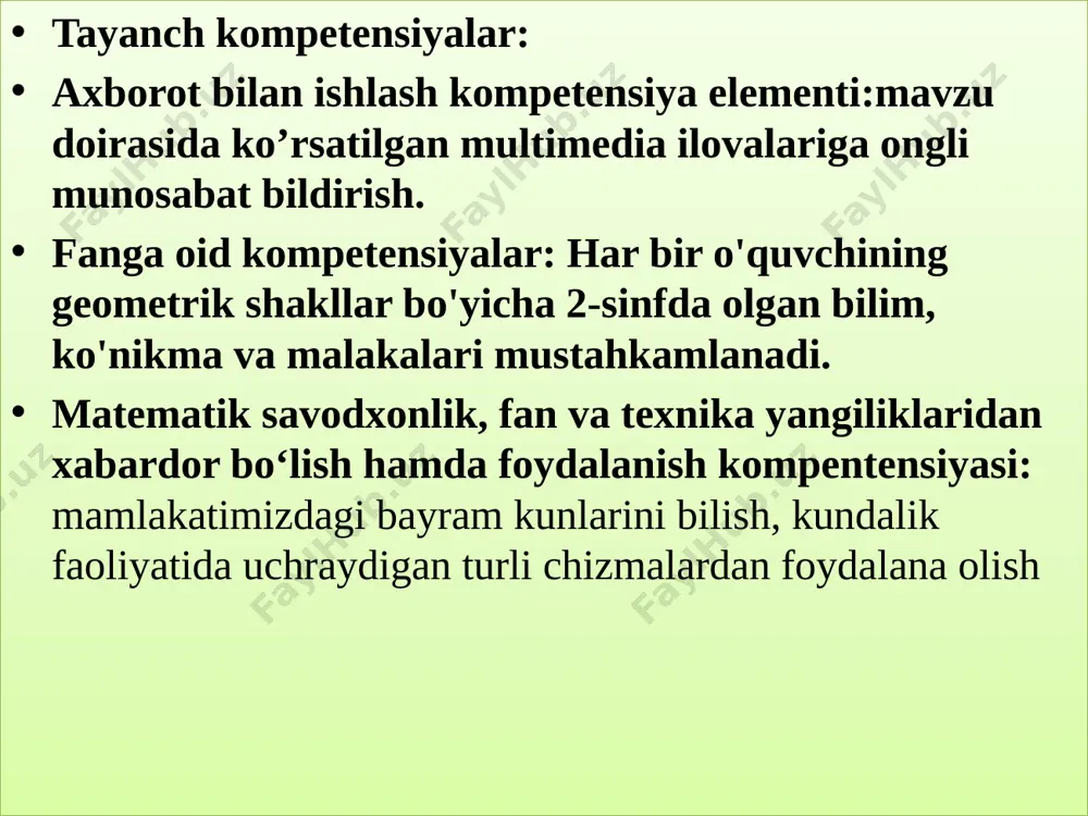 gi mavzu kvadrat chizing bo’yang baholash tartibi baholash tartibi o’lchang p=? toping zinama-zina bilim qayerga olib boradi? sirkga xush kelibsiz 9 8 o’yin ichida o’yin misollarni yeching va shaklardan uycha yasang a=7 sm yechish: p=a+a+a+a p=7+7+7+7=28 (sm) javob: p=28sm. a=4 sm yechish: p=a+a+a+a p=?(sm) javob: p=?sm. a=6 sm yechish: p=a+a+a+a p=?(sm) javob: p=?sm. a=3sm yechish: p=a+a+a+a p=?(sm) javob: p=?sm. o’yla izla top iqtidorli o’quvchi iqtidorli o’quvchi o’quvchilarni baholash uyga vazifa: .6-masala 5-misol darsni yakunlash kuchli hisobchi kuchli hisobchi image2.gif image3.png image4.wmf audio1.wav audio2.wav audio3.wav audio4.wav audio5.wav image5.png image6.jpeg image7.png image8.png image9.png image10.png image11.png image12.png image13.png image14.jpeg image15.jpeg image16.gif image17.gif image18.gif image19.png image20.png image21.png audio6.wav audio7.wav audio8.wav audio9.wav audio10.wav image22.png image23.png image24.jpeg image1.jpeg