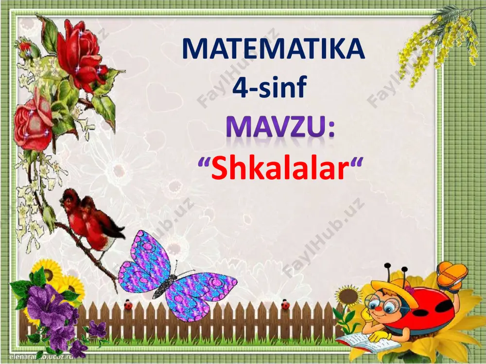 asboblarining hisoblash qurilmasidagi belgilar yoki raqamlar majmuidan iborat qism (lineyka yoki limb). teng boʻlaklarga boʻlingan, kvadratik, logarifmik; toʻgʻri chiziq yoki doira boʻylab joylashgan boʻladi. teng boʻlaklarga boʻlingan toʻgʻri chiziqli shlarga chizma va oʻlchov lineykalari, doira boʻyicha joylashganlariga soat mili va boshqalar kiradi;. https://qomus.info/oz/encyclopedia/r/raqamlar/ https://qomus.info/oz/encyclopedia/l/limb/ https://qomus.info/oz/encyclopedia/t/togri-chiziq/ https://qomus.info/oz/encyclopedia/d/doira/ https://qomus.info/oz/encyclopedia/ch/chizma/ https://qomus.info/oz/encyclopedia/ou/olchov/ https://qomus.info/oz/encyclopedia/s/soat/ shkalalarga misollar shkalalarga misollar rasmda nimani ko’ryapsiz. qaysi kapalak guldan uzoqroqqa qo’ngan rasmda shkala yordamida rasmdagi har bir jonzotning uzunligini toping. kit akuladan necha metr uzun ? timsohning uzunligi akulaning uzunligidan necha metr qisqa? shkalaning bitta bo’lmasi 1 m 1 savol: quyondan 40 birlik o’ngda joylashgan hayvon nomini ayting 2 savol.yo’lbarsdan 30 birlik chapda joylashgan hayvon nomini ayting 20 30 8040 5010 60 70 90 100 dam olish daqiqasi yakunlovchi xulosa biz buyuk yurt osmonida go’zal kamalak, barkamol avlod bo’lmoq eng ezgu tilak. vazifa dars so`ngida o`quvchilarning ishtirokiga ko’ra baholari e`lon qilinadi va rag’batlantiriladi. etiboringiz uchun rahmat.