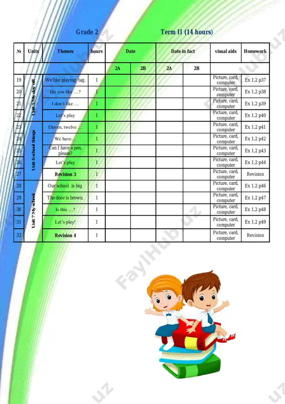 48 31 let’s play! 1 picture, card, computer ex 1,2 p49 32 revision 4 1 picture, card, computer revision grade 2 term iii (20 hours) № units themes hours date date in fact visual aids homework 2a 2b 2a 2b 33 u n it 8 t im e in the morning 1 picture, card, computer ex 1,2 p50 34 it’s 2 o’clock 1 picture, card, computer ex 1,2 p51 35 what’s the time, mr wolf? 1 picture, card, computer ex 1,2 p52 36 let’s play! 1 picture, card, computer ex 1,2 p53 37 revision 5 1 picture, card, computer revision 38 u n it 9 s ch o o l su b je ct s my favorite subject 1 picture, card, computer ex 1,2 p55 39 sevara likes math 1 picture, card, computer ex 1,2 p56 40 sevara doesn’t like 1 picture, card, computer ex 1,2 p57 41 let’s play! …