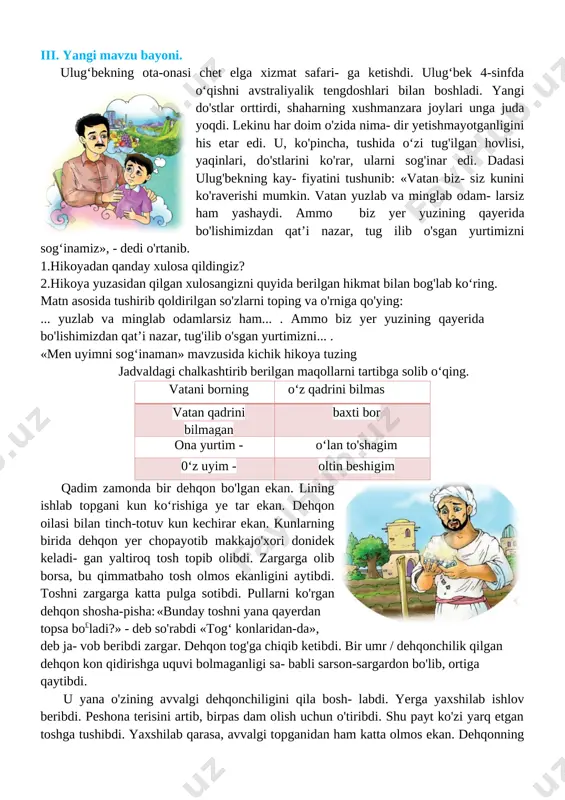 tuvchi tomonidan umumlashtiriladi. 1. o‘z oilangiz haqida gapirib bering. 2. nima uchun kattalar «o‘z oilasini sevgan inson mahallasini sevadi, mahallasini sevgan inson o‘z yurtini sevadi» deyishadi? 3. qanday insonni o‘z yurtini sevadigan inson deyish mumkin? 4. o‘z yurtiga bo'lgan sevgini nimalarda namoyon qilish mumkin? 5. o‘z yurti uchun fidoyi bo'lgan insonlardan kimlarni bilasiz? iii. yangi mavzu bayoni. [image: ]ulug‘bekning ota-onasi chet elga xizmat safari- ga ketishdi. ulug‘bek 4-sinfda o‘qishni avstraliyalik tengdoshlari bilan boshladi. yangi do'stlar orttirdi, shaharning xushmanzara joylari unga juda yoqdi. lekinu har doim o'zida nima- dir yetishmayotganligini his etar edi. u, ko'pincha, tushida o‘zi tug'ilgan hovlisi, yaqinlari, do'stlarini ko'rar, ularni sog'inar edi. dadasi ulug'bekning kay- fiyatini tushunib: «vatan biz- siz kunini ko'raverishi mumkin. vatan yuzlab va minglab odam- larsiz ham yashaydi. ammo biz yer yuzining qayerida bo'lishimizdan qat’i nazar, tug ilib o'sgan yurtimizni sog‘inamiz», - dedi o'rtanib. 1.hikoyadan qanday xulosa qildingiz? 2.hikoya yuzasidan qilgan xulosangizni quyida berilgan hikmat …