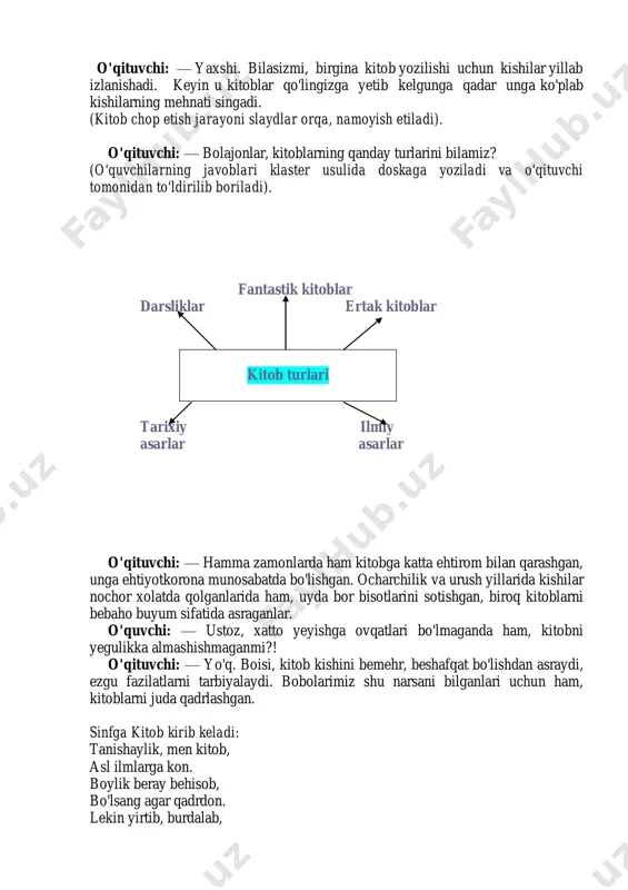 maktab kutubhonachisini ham taklif qilish mumkin. o'qituvchi: — bolalar, siz har kuni uyda, maktabda, do'konlarda turfa xil kitoblarni ko'rasiz. lekin nima uchun «kitob — insonning eng yaqin do'sti, hamrohi» deyishadi, bu haqda hech o'ylab ko'rganmisiz? 1- o'quvchi: — chunki, biz kitoblar orqali ilm o'rganamiz. maktabda va uyda darsliklarimizdan ko'p qiziqarli narsalarni bilib olamiz. 2- o'quvchi: — kichkinaligimda uyqudan oldin buvim menga ertak kitoblar o'qib berardilar... 3- o'quvchi: — men esa ulardagi suratlarni tomosha qilib o'tirishni yaxshi ko'rardim. o'qituvchi: — yaxshi. bilasizmi, birgina kitob yozilishi uchun kishilar yillab izlanishadi. keyin u kitoblar qo'lingizga yetib kelgunga qadar unga ko'plab kishilarning mehnati singadi. (kitob chop etish jarayoni slaydlar orqa, namoyish etiladi). o'qituvchi: — bolajonlar, kitoblarning qanday turlarini bilamiz? (o'quvchilarning javoblari klaster usulida doskaga yoziladi va o'qituvchi tomonidan to'ldirilib boriladi). fantastik kitoblar darsliklar ertak kitoblar kitob turlari tarixiy ilmiy asarlar asarlar o'qituvchi: — hamma zamonlarda ham kitobga katta ehtirom bilan qarashgan, unga ehtiyotkorona munosabatda …
