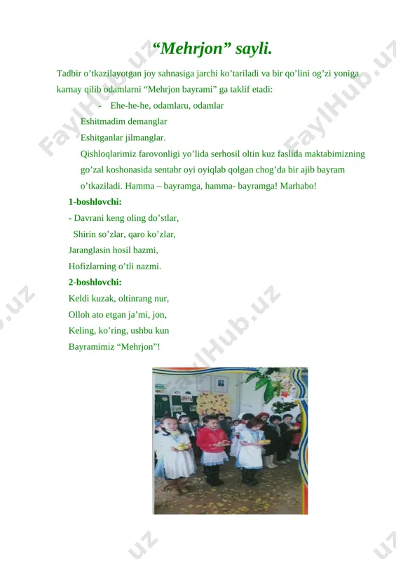 bo’lgan mujassam. 2-boshlovchi: - darhaqiqat, nonlar rizq-ro’zimiz. yil 12 oy dasturxonimiz ko’rki. usiz biron-bir kunimizni, nonushta, tushlik yoki kechki ovqatimizni tasavvur qila olmaymiz. nonimiz bug’doy mahsuloti bo’lmish undan tayyorlanadi. xamir yaxshilab pishitilib, zuvalachalar uziladi. ular tandirda tobiga yetib, bizning tanovullimiz uchun to’yimli, huzurbaxsh nonga aylanadi. 1-boshlovchi: bobodehqonning yil davomidagi mehnati, ona zaminning mehr-muruvvati va saxiy tabiatning in’omi birlashgan davr kuz deb ataladi. shuning uchun bu bayram kuzda nishonlanadi. 2-boshlovchi: bu bayram butun kuz faslining istalgan kunlarida o’tkazilishi mumkin. kutib oling, davrada kuz fasli! 1-o’quvchi: kuz keldi bizlarga, oltin kosada. sharbat ola bol ola keldi. savat-savat qilib, shirin mevalar, omborlar liq to’la don ola keldi. sahnaga kuz gasli kirib keldi. kuz fasli: assalomu alaykum azizlar! meni kimsan – kuz deydilar. bilasiz, kuz yig’im-terim davri. shu bois men sizlarni hosilga boy dalam bilan tanishtiraman. “ qani, g’allazorga marhabo”, deya sahnaga qo’li bilan ishora harakatini ko’rsatadi. bir to’p o’quvchilar bug’doy boshoqlarini olib chiqadi. …