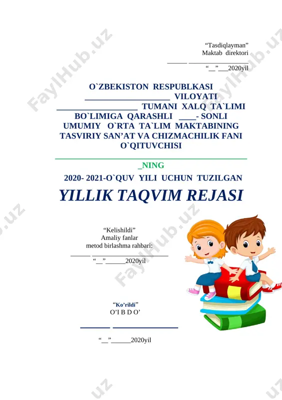 h 1 6-dars “bo‘g‘irsoq” ertagi asosida haykal yasash 1 7-dars o‘zbek xalq amaliy san’ati 1 8-dars nazorat ishi 1 9-dars “oltin kuz” manzara rasmini ishlash 1 tasviriy san'at (haftasiga 1 soatdan jami 34 soat) iii sinf darslar tartibi mavzu nomi soat rejada amalda uy vazifa i chorak 1-dars “mustaqil ona vatan” mavzusida rasm ishlash 1 2-dars atlas matosidan naqsh namunasini ko‘chirish 1 3-dars 2-3 mevalardan tuzilgan oddiy natyurmort ishlash 1 4-dars poliz ekinlari mavzusida natyurmort ishlash 1 5-dars “oltin tarvuz” ertagi asosida rasm ishlash 1 6-dars haykaltaroshlik. baliq relyefini yasash 1 7-dars to‘rtburchak shaklda naqsh ishlash 1 8-dars nazorat ishi 1 9-dars uzum va shaftoli mevalaridan tuzilgan natyurmort ishlash 1 tasviriy san'at (haftasiga 1 soatdan jami 34 soat) iv sinf darslar tartibi mavzu nomi soat rejadagi sana amaldagi sana uyga vazifa i chorak 1. tasviriy san’atning tur va janrlari 1 2. “qovun va anor” mavzusida natyurmort ishlash 1 3. “qovun …