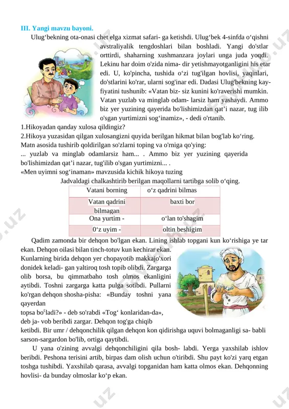vchi tomonidan umumlashtiriladi. 1. o‘z oilangiz haqida gapirib bering. 2. nima uchun kattalar «o‘z oilasini sevgan inson mahallasini sevadi, mahallasini sevgan inson o‘z yurtini sevadi» deyishadi? 3. qanday insonni o‘z yurtini sevadigan inson deyish mumkin? 4. o‘z yurtiga bo'lgan sevgini nimalarda namoyon qilish mumkin? 5. o‘z yurti uchun fidoyi bo'lgan insonlardan kimlarni bilasiz? iii. yangi mavzu bayoni. [image: ]ulug‘bekning ota-onasi chet elga xizmat safari- ga ketishdi. ulug‘bek 4-sinfda o‘qishni avstraliyalik tengdoshlari bilan boshladi. yangi do'stlar orttirdi, shaharning xushmanzara joylari unga juda yoqdi. lekinu har doim o'zida nima- dir yetishmayotganligini his etar edi. u, ko'pincha, tushida o‘zi tug'ilgan hovlisi, yaqinlari, do'stlarini ko'rar, ularni sog'inar edi. dadasi ulug'bekning kay- fiyatini tushunib: «vatan biz- siz kunini ko'raverishi mumkin. vatan yuzlab va minglab odam- larsiz ham yashaydi. ammo biz yer yuzining qayerida bo'lishimizdan qat’i nazar, tug ilib o'sgan yurtimizni sog‘inamiz», - dedi o'rtanib. 1.hikoyadan qanday xulosa qildingiz? 2.hikoya yuzasidan qilgan xulosangizni quyida berilgan hikmat …