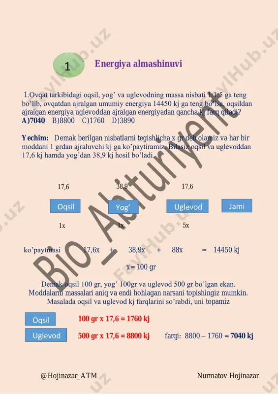 760 d)3890 5.ovqat tarkibidagi oqsil, yog’ va uglevodning massa nisbati 1:1:5 ga teng bo’lib, ovqatdan ajralgan umumiy energiya 14450 kj ga teng bo’lsa, ovqatdan ajralgan umumiy energiya qancha kj ni tashkil qiladi? a)70400 b)88000 c)49460 d)36890 genetika 1. doni sariq va tekis, qizil gulli genotipi trigeterozigota no’xat o’simligini tahliliy chatishtirish natijasida hosil bo’lgan avlodning necha foizi doni sariq va tekis bo’ladi? a)12,5 b)25 c)50 d)37,5 yechim: demak trigeterazigota yani aabbcc genotipli o’silik tahliliy yani aabbcc genotipi bilan chatishtirilgan. aabbcc x aabbcc aa bb cc aa bb cc 2 x 2 x 2 = 8 ta jami 2 @hojinazar_atm nurmatov hojinazar 1 x 1 x 2 = 2 ta sariq tekkis (a_b_) demak jami 8 ta avlod hosil bo’ladi. ularni 2 tasi sariq tekkis bo’ladi ekan. ahamiyat bering uchinchi belgi haqida gapirmadi shuning uchun uchinchi belgi bo’yicha hamma o’simlikni hisobga olasiz. u qizil gullimi yoki oq gullimi farqi yo’q, sariq tekkis …