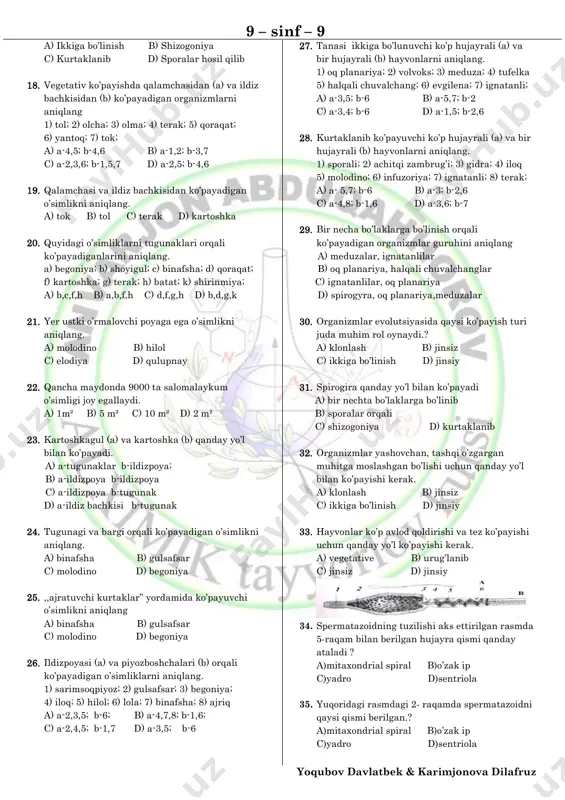 genezning qaysi davrida kuzatiladi ? a) o’sish davri b) ko’payish davri c) yetilish davri d) shakllanish davr 12. odam jinsiy bezlarida kechayotgan meyoz jarayonining anafaza ii bosqichida ekvator tekisligidan hujayraning bir qutbiga tomon nechta xromosoma tortiladi ? a) 46 b) 23 c) 13 d) 92 13. gametogenezning 2- bosqichida kuzatiladigan jarayonlar qaysi javobda tog’ri ko’rsatilgan ? 1) birlamchi jinsiy hujayralarni mitoz usulda bo’linishi; 2) birlamchi jinsiy hujayralarni meyoz usulda bolinishi; 3) oqsil va boshqa organic moddalar sintezlanishi; 4) gomologik xromosomalarni o’zaro yaqinlashib o’xshash qismlarini almashlashi; 5) dnk reduplikat- siyasi; 6) interkinez davri a) 1, 3 b) 2, 4, 6 c) 3, 5 d) 2, 6 14. meyozning biologik ahamyatiga tegishli fikrlar qatorinini aniqlang. 1) xromasomalar sonini doimiyligi o’zgarmaydi 2) gomologik xromasomalarni bir xil variant-lari uchraydi; 3) xromasomalar sonini doimiyligi o’zgaradi; 4) konyugatsiyalashib xromasomalar krosingoverga uchraydi; 5) gomologik xromasomalarni xar xil variantlari uchraydi; a) 1,5 b) 3,4 c) 2,4 d) 3,5 …