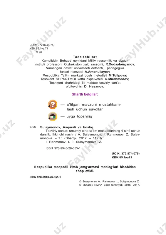 alar (2-rasm), biror jismga o‘yilgan gravyuralar, plakat, stend, buyumlarning etiketkalari, yorliqlari, oziq-ovqatlar o‘raladigan yozuvli qog‘ozlar – bularning barchasi grafika namunalari hisoblanadi. rangtasvir. rangtasvir tasviriy san’atning eng jozi- bali va ta’sirli turi (3-rasm). unda musavvir bo‘yoqlar 2-rasm. telman muhamedov. g‘afur g‘ulomning «shum bola» qissasiga ishlangan illustratsiya. 3-rasm. erkin bozorov. ukam portreti. 5 vositasida matoga, qog‘ozga yoki boshqa tekis yuzaga hayotiy hodisalarni badiiy tasvirlab beradi. rangtasvir asarlari, asosan, akvarel, tempera va moyli bo‘yoqlar vositasida yaratiladi. haykaltaroshlik. haykaltaroshlik – borliqni uch o‘lchovli shaklda tasvirlaydigan san’at turi (4–5-rasm- lar). haykalni har tarafdan aylanib tomosha qilishimiz mumkin. haykaltarosh ilhom jabborovning «amir te- mur», «ahmad al-farg‘oniy», jaloliddin mirtojiyevning 4-rasm. jaloliddin mirtojiyev. ibn sinoga belgiyaning kort- reyk shahrida o‘rnatilgan byust. 5-rasm. jaloliddin mirtojiyev. ahmad farg‘oniyga qohirada o‘rnatilgan haykal. 6 kaltaroshlik asarlarini yaratishda loy, plastilin, gips, yog‘och, marmar, granit, bronza, hatto oltin, mis, ku- mush kabi qimmatbaho metallardan ham foydalaniladi. tasviriy san’at janrlari. tasviriy san’at asarlari mav- zusi, …