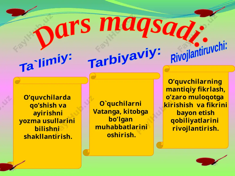 bo’luvchi 80 , bo’linma 60. bo’linuvchini toping. a)600 b)4800 d) 870 3.kvadratning yuzi 25kv.sm. tomonlarini toping. a)12 b) 7 d)5 4.8m.3sm necha sm? a)803sm b)830sm d)83sm matematik diktant 1. 3 ga bo`linadigan sonlarning toping: 2. 1 ga bo`linadigan sonlarni toping: kim chaqqon? 3. 5 ga ham, 3 ga ham bo`linadigan sonlarni toping: 4. 2 ga bo`linadigan sonlarni toping: 6 14 2 4 10 9 40 18 30 16 12 21 15 yangi mavzu bayoni: 601-misol 601-misl doskada turli usullar bilan tushuntiriladi. 7*(6+2)=7*8=56 7*(6+2)=7*6+7+2=42+14=56 602-misolnni o’quvchilar doskada mustaqil bajaradilar. 3*(4+10)=3*4+3*10=12+30=42 8*(5+3)=8*5+8*3=40+24=64 2*(40+7)=2*40+2*7=80+14=94 15*(7+3)=15*10=150 603-masala: 2 ta bir xil sigir va 4 ta bir xil novvos-1828 kg bitta-sigir-286 kg bitta novvos-?kg yechish:1)286*2=572(kg) 2)1828-572=1256 (kg) 3) 1256:4=314(kg) javob: bitta novvosning massasi 314 kg. tezkor savol-javob: 1-guruh: 1.eng katta vaqt birligi? (asr) 2. eng kichik uch xonali son?(100) 3. o’zbekiston respublikasining aholisi (32mln) 4.ufqning nechta tomoni bor?(4ta) 2-guruh: 1.eng katta ikki xonali son?(99) 2. …