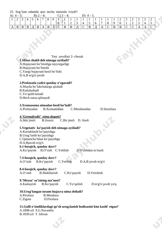 ley. 16. quyidagilarning qaysi biri muskulning statik ishi hisoblanadi? a) yurish; b) sakrash; c) gapirish; d) tik turish. 17. qad-qomatning shakllanishi necha yoshgacha davom etadi? a) 18; b) 17; c) 20; d) 25. 18. qonning shaklli elementi nima va u necha turga bo`linadi? a) qonning suyuq qismi, 2 turga; b) qonning quyuq qismi, 2 turga; c) qonning quyuq qismi, 3 turga; d) qonning suyuq qismi, 3 turga. 19. qon plazmasining necha foizini suv tashkil etadi? a) 7 – 8 %; b) 90 – 92 %; c) 0,8 – 0,9 %; d) 0,1 – 0,2 %. 20. eritrositlar soni va gemoglobin miqdorining kamayishi qanday kasallik? a) gemofilya; b) animiya; c) leykositoz; d) fagasitoz. 21. trombositlar necha kun yashaydi? a) 20 – 25; b) 4 – 5; c) 2 – 5; d) 3 – 5. 22. ii qon guruhi qaysi qon guruhlaridan qon olishi mumkin? a) i, ii, iii, iv; b) i; …