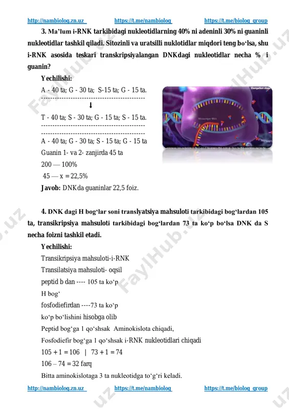 ilishi: a - 40 ta; g - 30 ta; s-15 ta; g - 15 ta. ---------------------------------------------- ⬇️ t - 40 ta; s - 30 ta; g - 15 ta; s - 15 ta. ---------------------------------------------- ---------------------------------------------- a - 40 ta; g - 30 ta; s - 15 ta; g - 15 ta guanin 1- va 2- zanjirda 45 ta 200 — 100% 45 — x = 22,5% javob: dnkda guaninlar 22,5 foiz. 4. dnk dagi h bogʻlar soni translyatsiya mahsuloti tarkibidagi bogʻlardan 105 ta, transikripsiya mahsuloti tarkibidagi bogʻlardan 73 ta koʻp boʻlsa dnk da s necha foizni tashkil etadi. yechilishi: transikripsiya mahsuloti-i-rnk transilatsiya mahsuloti- oqsil peptid b dan ---- 105 ta koʻp h bogʻ fosfodiefirdan ----73 ta koʻp koʻp boʻlishini hisobga olib peptid bogʻga 1 qoʻshsak aminokislota chiqadi, fosfodiefir bogʻga 1 qoʻshsak i-rnk nukleotidlari chiqadi 105 + 1 = 106 | 73 + 1 = 74 106 – 74 = 32 …
