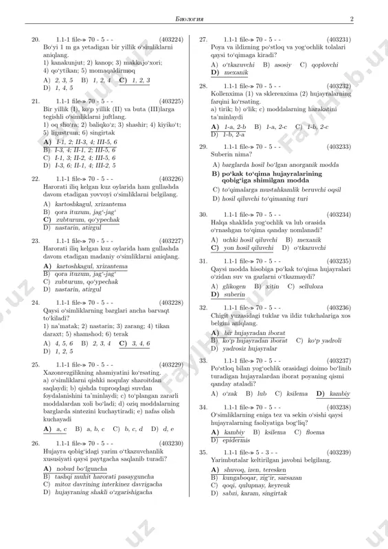 iq, konwergenciq b) diwergenciq, izolqciq c) konwergenciq, izolqciq d) matematik modella[tiri[ wa kuzati[ 1569. 5.1-1 file-� 76 - 2 - - (227009) ′ kujidagi formalardan ′ kajsi biri reliktforma \mas? a) gatteriq b) arheopteriks c) opossum d) gingko biloba 1570. 5.1-1 file-� 76 - 2 - - (227010) ′ himoq rangiga \ga bǔlgan ′ hajwonlarnibelgilang. a) kwak[a, odim^i ′ kurt b) tentak ′ ku[, ^up^ik c) kǔlbu ′ ka, ^up^ik d) gornostaj, ninabali ′ k 1571. 5.1-1 file-� 76 - 2 - - (227011)maskirowka ′ kajsi ′ hajwonlar u^un hos? a) kwak[a, odim^i ′ kurt b) tentak ′ ku[, ^up^ik c) kǔlbu ′ ka, ^up^ik d) gornostaj, ninabali ′ k 1572. 5.1-1 file-� 76 - 2 - - (227012)kakku ′ ku[i tuhumini ′ kajsi ′ ku[lar iniga ′ kǔjmajdi? a) ′ koraqlo ′ k b) viblavibon c) sir^um^u ′ k d) lajlak 1573. 5.1-1 file-� 76 - 2 - - …