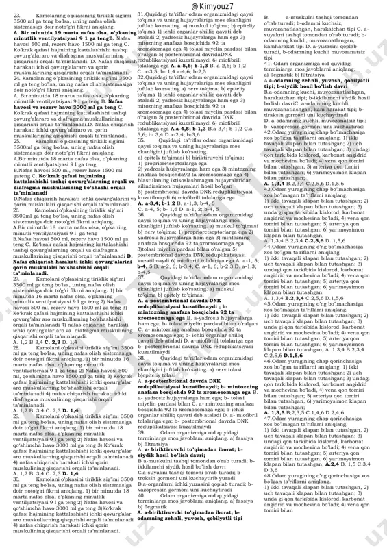 guruhli odamlarga . retsipiyent hisoblanadi. a. 1,3 b. 2,4 c.1,4 d.2,3 7. qoni rezus musbat va iv qon guruhiga ega sog’lom odamga tegishli tog’ri fikrlarni aniqlang. i) eritrotsitlarida antigemofil omil saqlaydi. 2) qon plazmasida agglutinogen va rezus omil mavjud. 3) qonidagi anititelolar immunitetni ta’minlaydi 4) barcha qon guruhli odamlarga retsipiyent hisoblanadi. a. 1,2 b. 3,4 c.2,4 d.1,3 8. qoni rezus musbat va iv qon guruhiga ega sog’lom odamga tegishli bo’lmagan fikrlarni aniqlang. 1) eritrotsitlarida antigemofil omil saqlaydi. 2) qon plazmasida agglutinogen va rezus omil mavjud. 3) qonidagi anititelolar immunitetni ta’minlaydi 4) barcha qon guruhli odamlarga retsipiyent hisoblanadi. a. 1,2 b. 3,4 c.2,4 d.1,3 9. qoni rezus musbat va i qon guruhiga ega sog’lom odamga tegishli to’g’ri fikrlarni aniqlang a. qon plazmasida antigemofil omil saqlaydi va qonidagi antitelolar immunitetini ta’minlaydi. b. eritrotsitlarida gemoglobin, agglutinogen a va rezus omil mavjud va barcha qon guruhli odamlarga retsipiyent hisoblanadi. c. qon plazmasida ca+2 ionlarini …