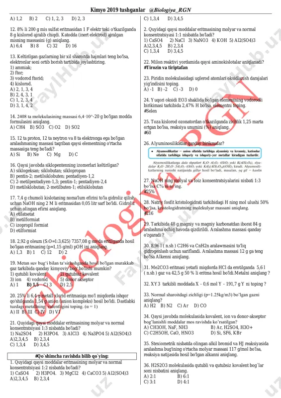 sa, ushbu birikma tarkibida qanday kimyoviy bog‘(lar) uchraydi. 1) qutubli kovalent 2) qutubsiz kovalent 3) ion 4) vodorod 5) donor akseptor a) 1 b) 1,4 c) 3 d) 2,5 9. qaysi elementlar bitta murakkab modda tarkibida bo'ladi? a) ca, cl, sn b) n, na, br c) si, s,p d) o, c, cl 10. alyuminiyning suyultirilgan nitrat kislota bilan reaksiyasidagi umumiy koeffitsiyentlar yig'indisini hisoblang. (nh4no3 hosil bo'lgan deb hisoblang) a) 58 b) 47 c) 38 d) 49 11. 0,1 moldan nax va nay tuzlari alohida-alohida 1 litr suvda eritildi. tuzlar suvda eritilganda: nax + h2o—>na^+ + hx + oh^- nay + h2o—>na^+ +hy + oh^- reaksiyalar sodir bo'lgan bo'lsa, quyidagilardan qaysi(lar) to'g'ri? 1) eritmalarining ph qiymati 13 ga teng; 2) x^- va y^- ionlari gidorolizga sabab bo'lgan; 3) hx va hy kuchsiz kislotalar. https://tr.wikipedia.org/w/index.php?title=oksi&action=edit&redlink=1 https://tr.wikipedia.org/wiki/amino https://tr.wikipedia.org/wiki/amino https://tr.wikipedia.org/w/index.php?title=oksi&action=edit&redlink=1 https://tr.wikipedia.org/w/index.php?title=metil&action=edit&redlink=1 https://tr.wikipedia.org/w/index.php?title=metil&action=edit&redlink=1 kimyo 2019 tushganlar @biologiya_rgn a) 1,2 b) 2 c) 1, 2, 3 …