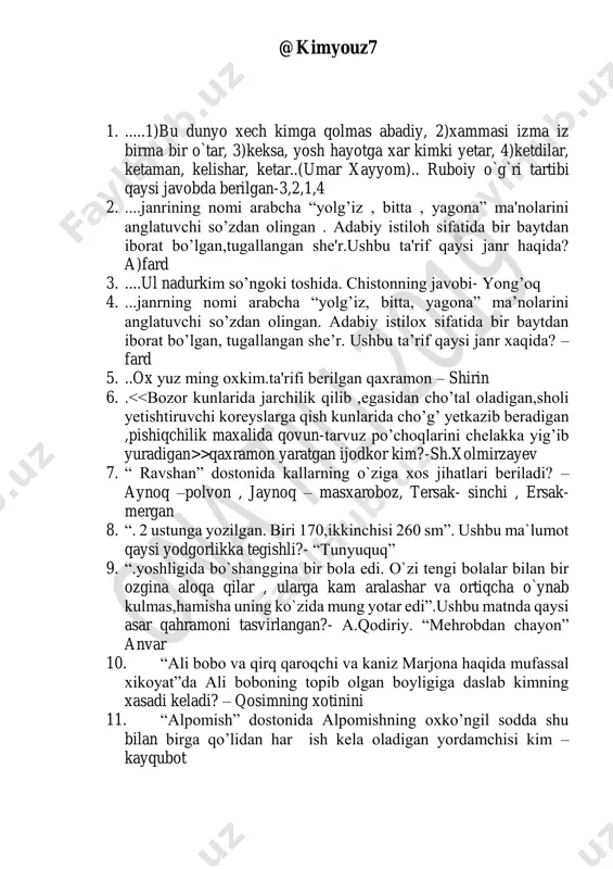 ma'naviy madad bergan inson – s) barchin 15. “alpomish”da dushmanlarning “qirq mingini bir deb sanab qirishda” tayyor turgan jasur siymo kim? d) barchin 16. “aqloxsiz tarbiya biz uchun yo hayot yo mamot yo najot yo halokat yo falokat masalasidir” tarbiyaga berilgan ushbu tariffni muallifini aniqlang? – avloniy 17. “asal ari”, “erksevar” so’zlari qaysi usul bilan yasaladi? - so’zlarni o’zaro qo’shib so’z yasash bilan 18. “avesto ” kitobida bushyasta nomli qahramon nimaning timsoli hisoblanadi ? – dangasalik 19. “avesto” kitobida “tik qomat v uyg`oq” , “o`tkir ko`z shijoatkor” , “duoni tinglaguvchi” deya ta`riflangan qahramon kim?- mitra 20. “avesto” kitobida zardushtiylik dining hudosi, yaratuvchi,holiq sifatida tasvirlangan qahramon kim?- axuramazda 21. “avesto” kitobini o`zbek tiliga tarjima qilgan olimlar nomi berilgan qatorni belgilang.- m.ishoqova , a.mahkam 22. “avesto” yodgorligida mitraning yordamchisi sifatida qaysi qahramonning nomi keltirilgan?-narya sanxa 23. “avesto”da e`tiqod kitobi qanday nomlangan?-axuna vari 24. “avesto”da sirdaryoning nomi qanday atalgan?- ranxi 25. “avesto”kitobida haqiqat …
