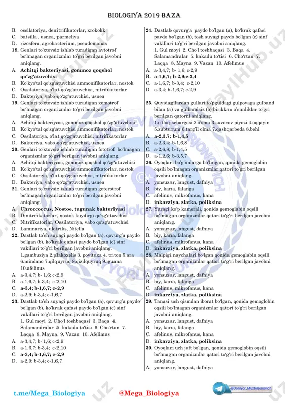 arni aniqlang. a. a – lizosim; b – pepsin; c – anilaza b. a – ptialin; b – lipaza; c – lipaza c. a – ptialin; b – tripsin; c – xlorid kislota d. a – lizosim; b – tripsin; c – ishqor 10. sog‘lom odamning og‘iz bo‘shlig‘ida (a), o‘n ikki barmoqli ichagida (b), ingichka ichagida (c) uchraydigan fermentlarni aniqlang. a. a – lizosim; b – pepsin; c – anilaza b. a – ptialin; b – tripsin; c – xlorid kislota c. a – lizosim; b – tripsin; c – ishqor d. a – ptialin; b – lipaza; c – enterokinaza 11. sog‘lom odamning og‘iz bo‘shlig‘ida (a), o‘n ikki barmoqli ichagida (b), ingichka ichagida (c) uchraydigan fermentlarni aniqlang. a. a – lizosim; b – pepsin; c – anilaza b. a – ptialin; b – lipaza; c – lipaza c. a – ptialin; b – tripsin; c – xlorid kislota d. …