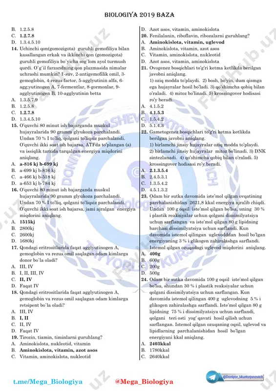 i). ko`z rangini ifodalovchi gen jinsiy bo`lmagan hujayrada joylashgan. komilni tahliliy chatishtirilganda qanday fenotipli organizmlar hosil bo`ladi? a. 100% kulrang b. 75% kulrang 25% yashil c. 50% kulrang 50% yashil d. 100% yashil 8. komil va akmalning ko`zlari kulrang, madinaning ko`zlari esa yashil. bolalarning onasi kulrang ko`zli (ota-ona yashil ko`zli). ko`z rangini ifodalovchi gen jinsiy bo`lmagan hujayrada joylashgan. bolalarning otasini genotipini aniqlang. a. aa b. aa c. aa d. aa 9. golji apparatidan hosil bo`lgan ferment saqlovchi organoid uchramaydigan organizmlarni aniqlang. a. ossillatoriya, nostok b. batsidiya, evglena c. everniya, nozema d. leyshmaniya, parmeliya 10. golji apparatidan hosil bo`lgan ferment saqlovchi organoid uchraydigan organizmlarni aniqlang. a. everniya, nozema b. bakteriofag, triponasoma c. amyoba, gerpes qo`zg`atuvchisi d. tamaki mazaikasi, ko`k yashil suv o`ti 11. hujayraga turgorlik beradigan organoidga ega bo`lmagan organizmlarni aniqlang? a. gripp virusi, profag b. skerda, rizosfera c. herbatceum, triponasoma d. nostok, tufelka 12. hujayraga turgorlik beradigan organoidga ega bo`lgan …