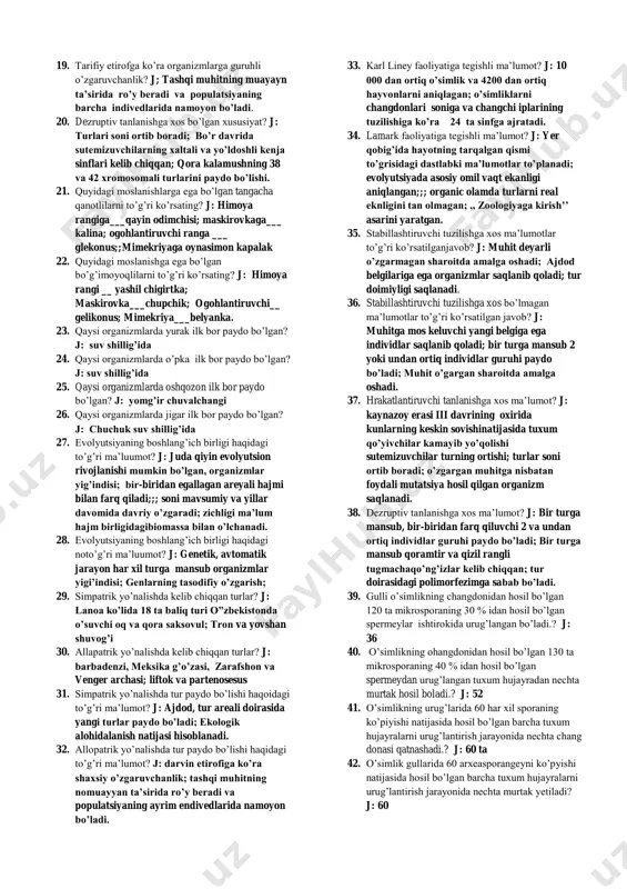 gan javob? j: diploid navli bug’doyning somatic hujayralarida 6 juft autasoma bo’ladi; xrizantemaning tetraploid turi jinsiy hujayrasida 18 ta xromosoma bo’ladi; makkajo’xorining diploid naborida 9 juft autosoma bo’ladi. 11. organizmlarning genetic mezoni noto’g’ri ifodalangan javob? j: qora kalamush qiyofadosh turlarining jinsiy xromosomalar soni teng emas; murakkabguldoshlar oilasiga kiruvchi iloqavlodida 3,4,5,6,7 xromosomali turlari uchraydi; xrezantemaning diploid turi jinsiy xromosomasida 9 juft xromosoma bo’ladi; olchada xromosomaning diploid to’plami 16 taga teng. 12. organizmlarning genetic mezoni noto’g’ri ifodalangan javob? j: tetraploid navli bug’doyning somatic hujayralarida 14 ta xromosoma bo’ladi; g’o’za barbadenzi turi barg og’izcha hujayralari yadrosida 26 ta xromosoma boladi; makkajo’xorining diploid naborida 9 ta autosoma bo’ladi. 13. organizmlarning genetic mezoni to’g’ri ifodalangan javob? j: tamakining 24,48,72 xromosomali turlari bor; tog’olchaning xromosomalrining diploid to’plami 16 ga teng; g’o’zaning herbatsum turi spermeylarida autosomalar soni 12 ga teng/ 14. organizmlarning genetic mezoni noto’g’ri ifodalangan javob? j: iloq avlodida 3,4,5,6,7 xromosoma turlari uchraydi; diploid no’xat o’simligida …