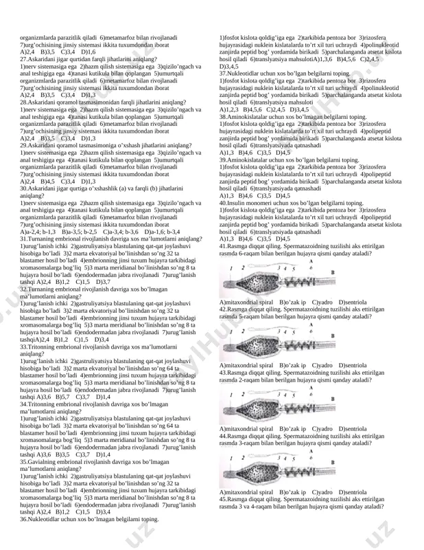 yoqlariga nisbatan uzun 6)tuyg’u organi hisoblanadia)1,5 b)5,6 c)2,3 d)1,3 8. chayonningning oyoq paypaslagichlariga xos bo’lmagan xususiyatlarni aniqlang? 1)harakatchan tirnoqsimon o’simtadan iborat 2)paypaslagichlarining asosiy bo’g’imlari pastki jag’lar vazifasini bajaradi 3)qisqichga aylangan 4)oziqni tutib turish vazifasini bajaradi 5)yurush oyoqlariga nisbatan uzun 6)tuyg’u organi hisoblanadia)1,5 b)3,6 c)3,4 d)1,3 9. chayonningning oyoq paypaslagichlariga xos bo’lgan xususiyatlarni aniqlang? 1)harakatchan tirnoqsimon o’simtadan iborat 2)paypaslagichlarining asosiy bo’g’imlari pastki jag’lar vazifasini bajaradi 3)qisqichga aylangan 4)oziqni tutib turish vazifasini bajaradi 5)yurush oyoqlariga nisbatan uzun 6)tuyg’u organi hisoblanadi a)1,5 b)3,6 c)3,4 d)1,3 10. butli o’rgimchakning ustki jag’lariga xos bo’lgan xususiyatlarni aniqlang? 1)harakatchan tirnoqsimon o’simtadan iborat 2)paypaslagichlarining asosiy bo’g’imlari pastki jag’lar vazifasini bajaradi 3)sezgir tukchalar bilan qoplangan 4)hid bilishda ishtirok etadi 5)yurush oyoqlariga nisbatan kalta 6)tuyg’u organi hisoblanadi a)1,6 b)5,6 c)2,3 d)1,3 11.qaysi javobda oziq zanjiri to’g’ri berilgan? a)o’simlik-asalari-butli o’rgimchak-kaltakesak-ilon-mangust b)o’simlik-chigirtka-quyon-kaltakesak-lochin c)o’simlik-ari-arixo’r qush-tuvaloq-kaltakesak d)o’simlik- kapalak-qurbaqa-tipratikan-ilon-tulki 12.qaysi javobda oziq zanjiri to’g’ri berilgan? a)o’simlik-chigirtka-kaltakesak-ilon-mangust b)o’simlik-chigirtka-quyon-kaltakesak-lochin c)o’simlik-ari-arixo’r qush-tuvaloq-kaltakesak d)o’simlik- kapalak-qurbaqa-tipratikan-ilon-tulki 13.qaysi javobda oziq zanjiri …