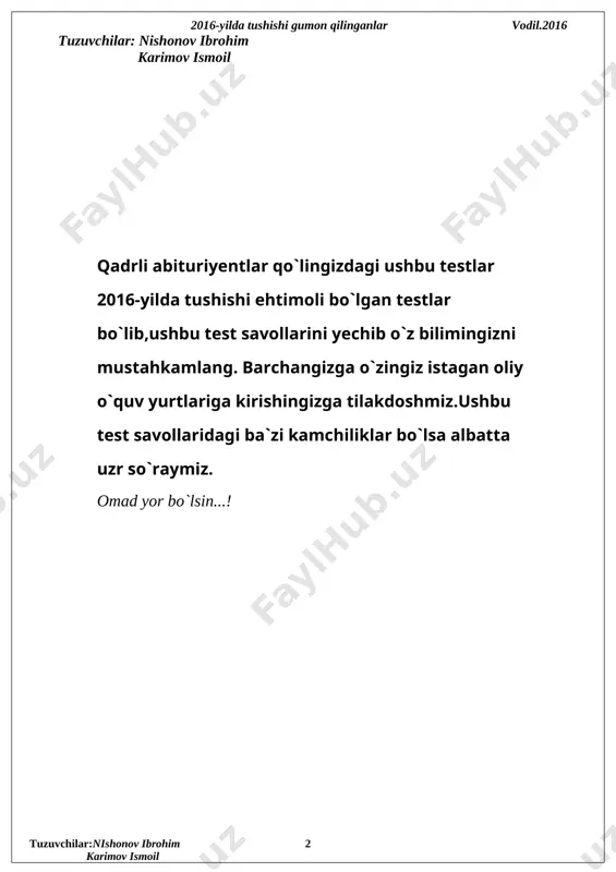 gan sinflarni ko`rsating? 1) zuluklar; 2) bosh skeletsizlar; 3) kam tuklilar; 4) xaltalilar; 5) ko`p tuklilar; 6) lansetniklar; 7) hashorotlar. a.2,3,6 b.6,7 c.3,5,7 d.1,3,5,6 5.poliploid(i) va duragay(ii) o`simliklar uchun xo`s bo`lgan xususiyatlarni aniqlang. 1.hayotiy xususiyati bir muncha yuqori bo`ladi 2.faqat tur ichida bo`ladi 3.ularni anafaza davrida shakli o`lchami bir xil bo`lgan xromosomalar to`rta bo`ladi 4.yadrolarida ikki turni xromosomalar bo`ladi 5.ularni mikrosporasini anafaza davrida 2n2c bo`ladi 6.ularga g`o`za misol bo`ladi 7.ularga tritikale mansub 8.anafaza davrida bo`linish urchig`ini shakllanmasligi hisobiga yuzaga keladi 9.divergensiya natijasida yuzaga keladi 10.ularga karam misol bo`ladi 11.o`zida ikki organizmni belgisini saqlaydi a.i-8,10,9,6,1; ii-11,4,6,8,7 b.i-9,1,6,7,10; ii-11,7,4 c.i-9,8,10,1,6; ii-5,7,4,6 d.i-10,1,5,8,9; ii-3,1,7,6 6.transkirpsiya(i) translatsiya(ii) va reduplikatsiya(iii) mahsulotlarini aniqlang. 1.e.coli 2.rss101 3.insulin 4.esterogen 5.nukleoprotein 6.ti 7.ecori 8.dnk 9.t-rnk 10.antitana 11.glikolipid a.i-9; ii-7,3,; ii-5,1,2 b.i-5,7; ii-3,10; ii-6,5,8 c.i-9,5; ii-3,4,10; ii-5,6,2 d.i-9,5; ii-3,10; ii-5,6,2 7.yuksak o`simliklarning eng tubani (a) va eng yuksagi (b) sanalgan bo`lim vakillarini ko`rsating? 1.funariya; 2.zuhrasoch; 3.virgin; 4.matur; 5.sershox qirqbo`g`im; 6.ulotriks; …